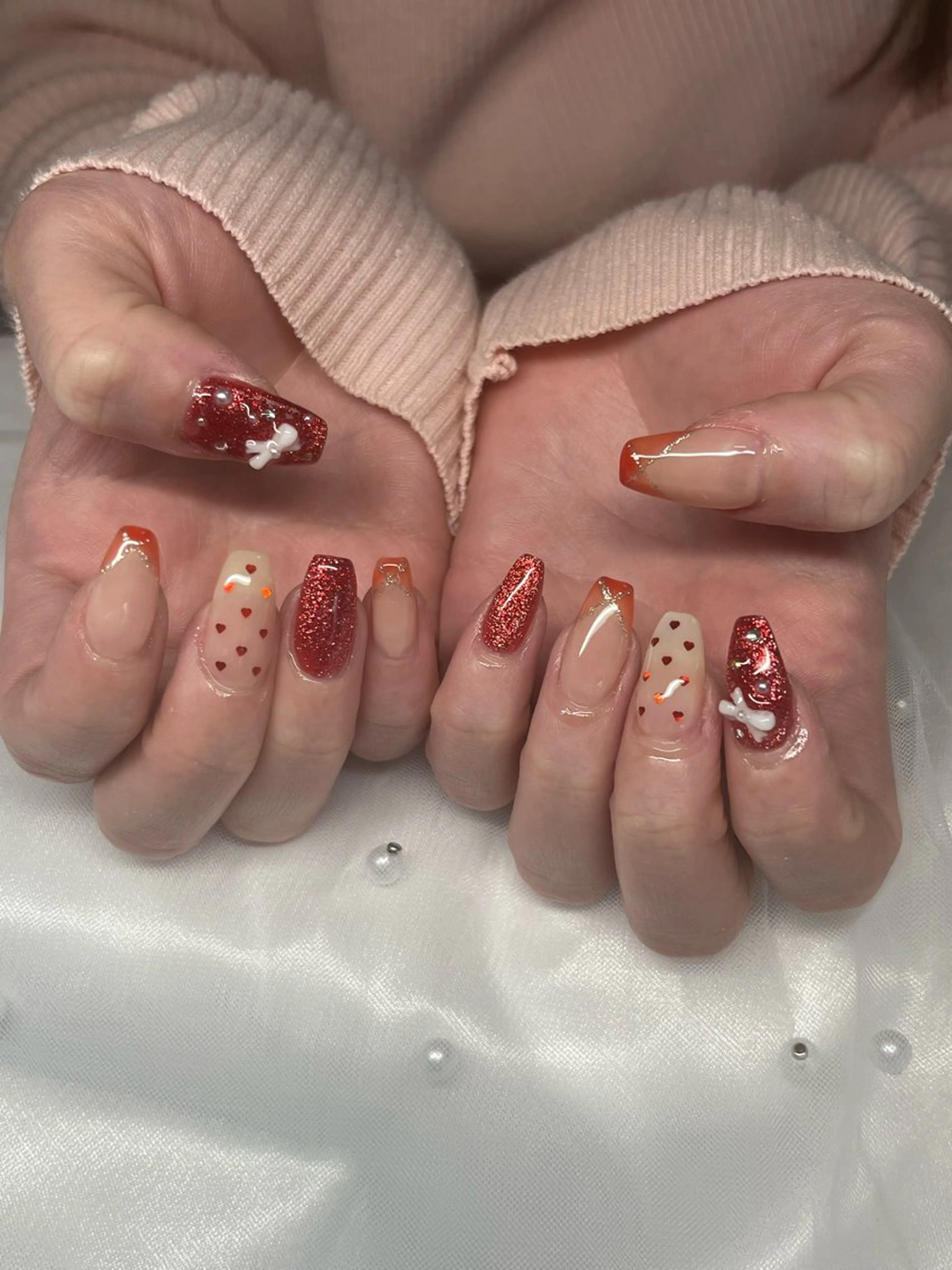 ネイル ガーリー 赤色 ハンドネイル NailByua 武蔵新城徒歩4分のネイルデザイン