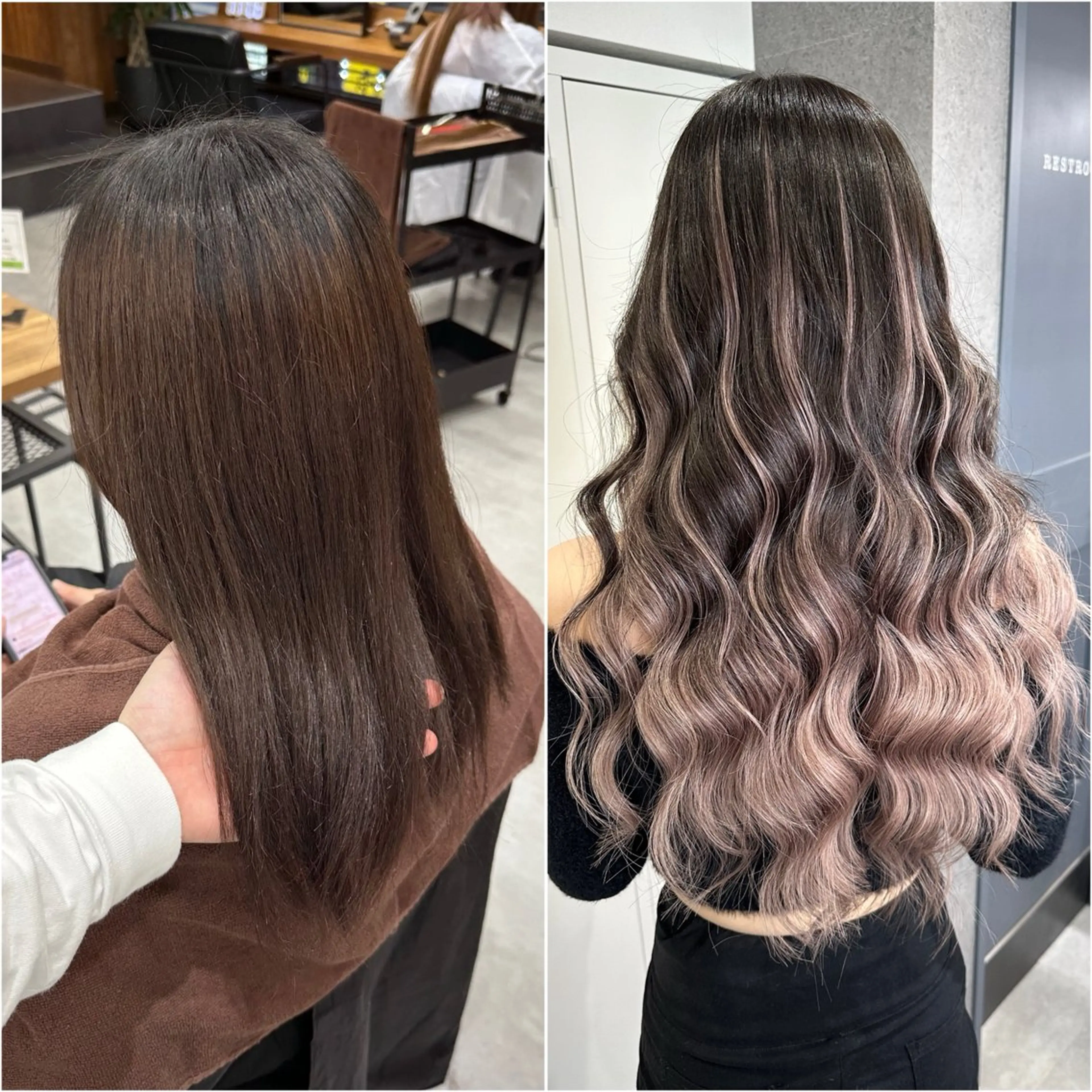 ロング カラー シールエクステ アッシュ バレイヤージュ エクステ レイヤーカット 池袋🧡ダブルカラー /馴染ませエクステのヘアスタイル