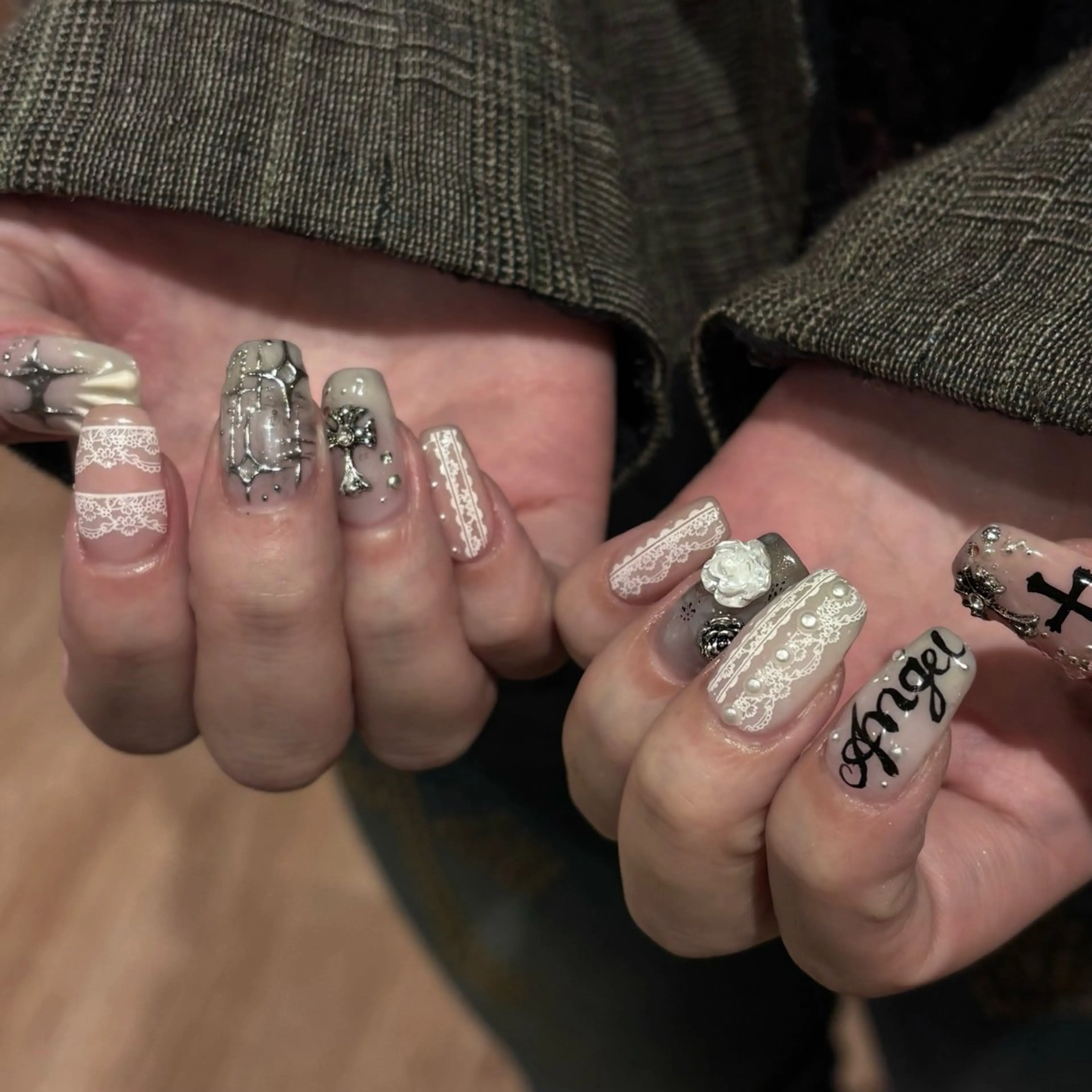 ネイル グラデーション レース 持ち込み ニュアンスネイル 冬ネイル Bianca名駅店 安田のネイルデザイン