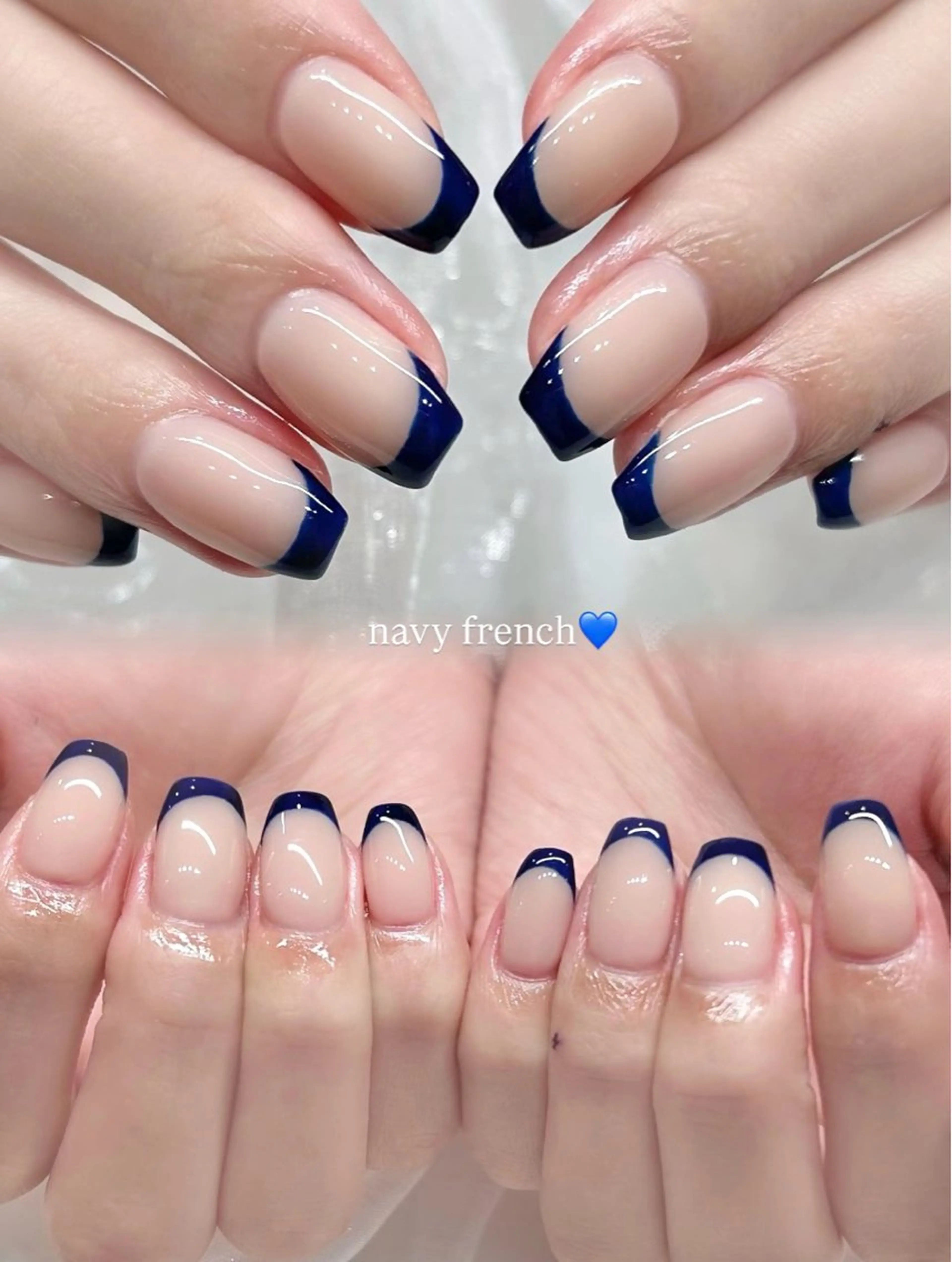 ネイル フレンチネイル ジェルネイル ネイビー ワンカラーネイル パラジェル ハンドネイル 🎀チーク/ちゅるん 🫧chisa🎀のネイルデザイン