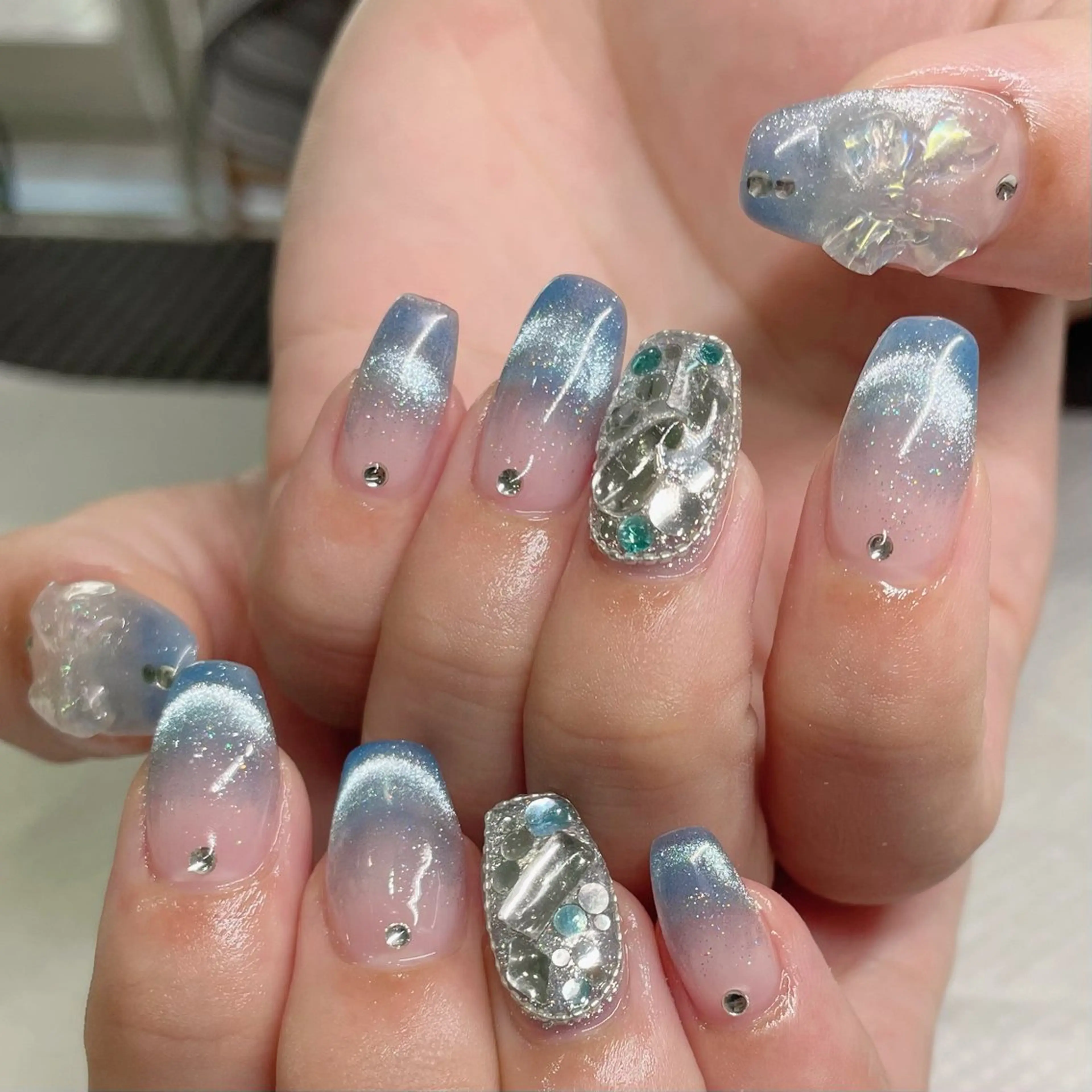 ネイル 長さ出し 水色 マグネットネイル スカルプネイル ハンドネイル Ricnail☾ ayanoのネイルデザイン