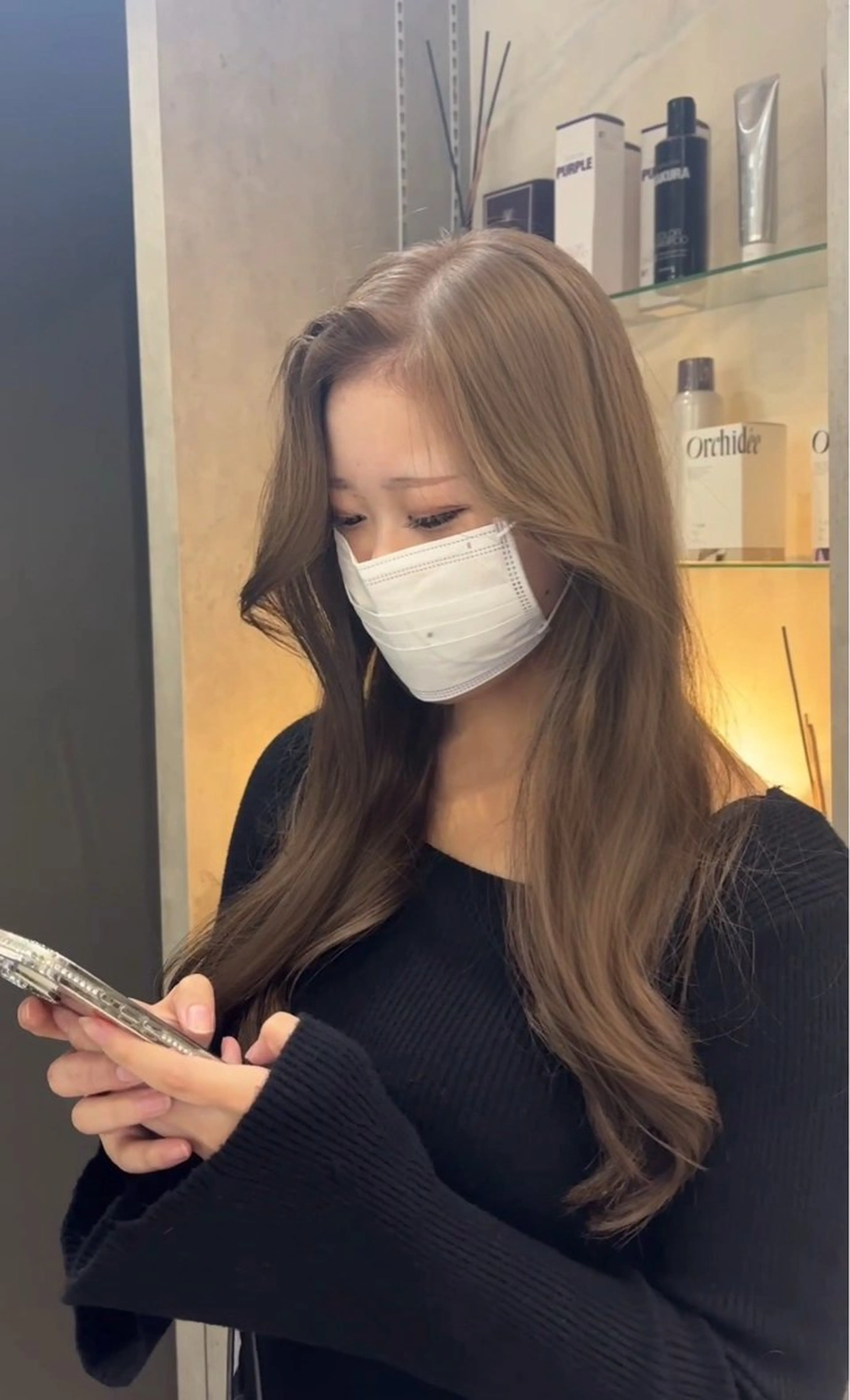 ロング ヘアカラー トリートメント 韓国ヘア/ブリーチ無 しWカラー/オリーブのヘアスタイル