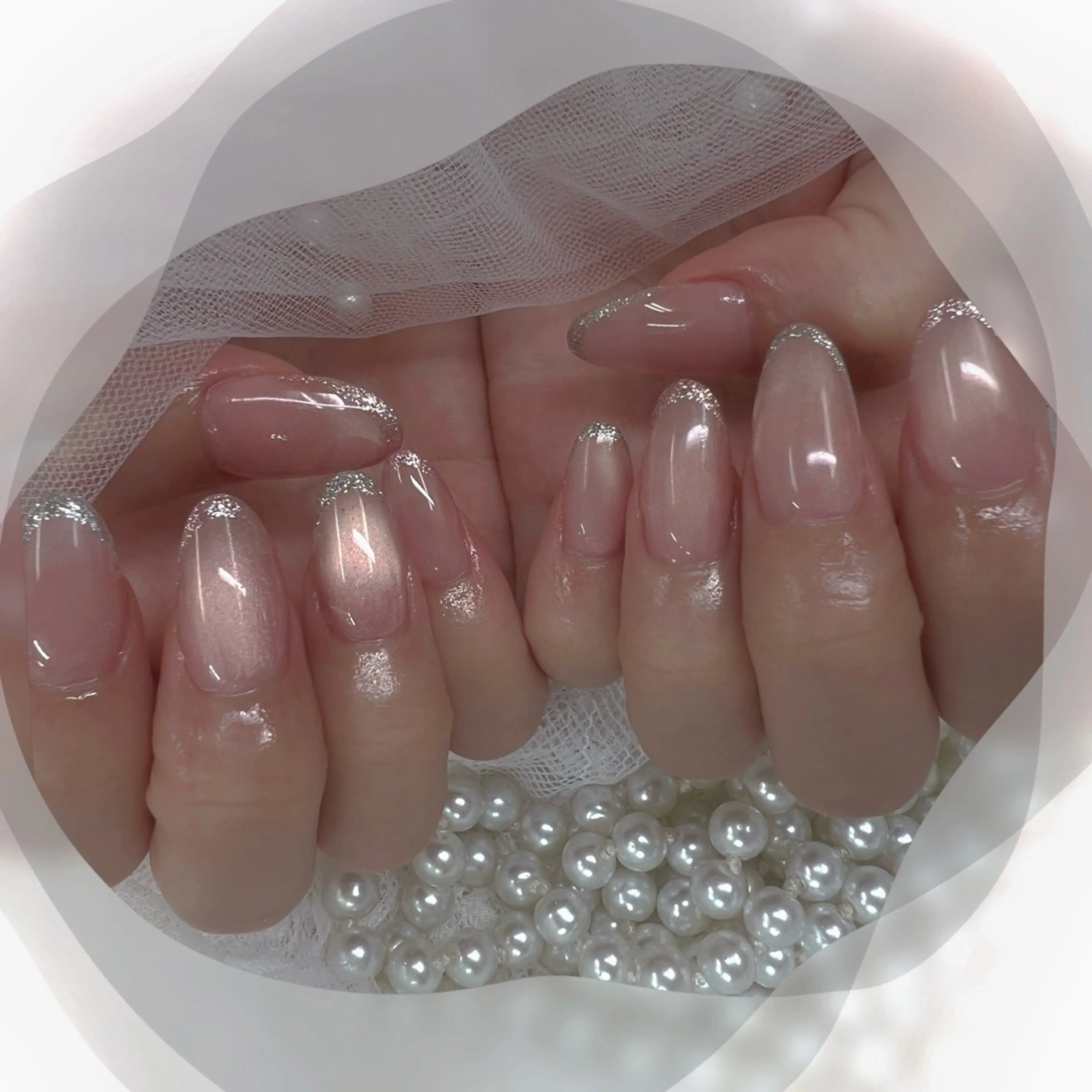 ネイル チークネイル フレンチネイル ガーリー ガラスフレンチ グラデーション ハンドネイル Chill Nailsalonのネイルデザイン