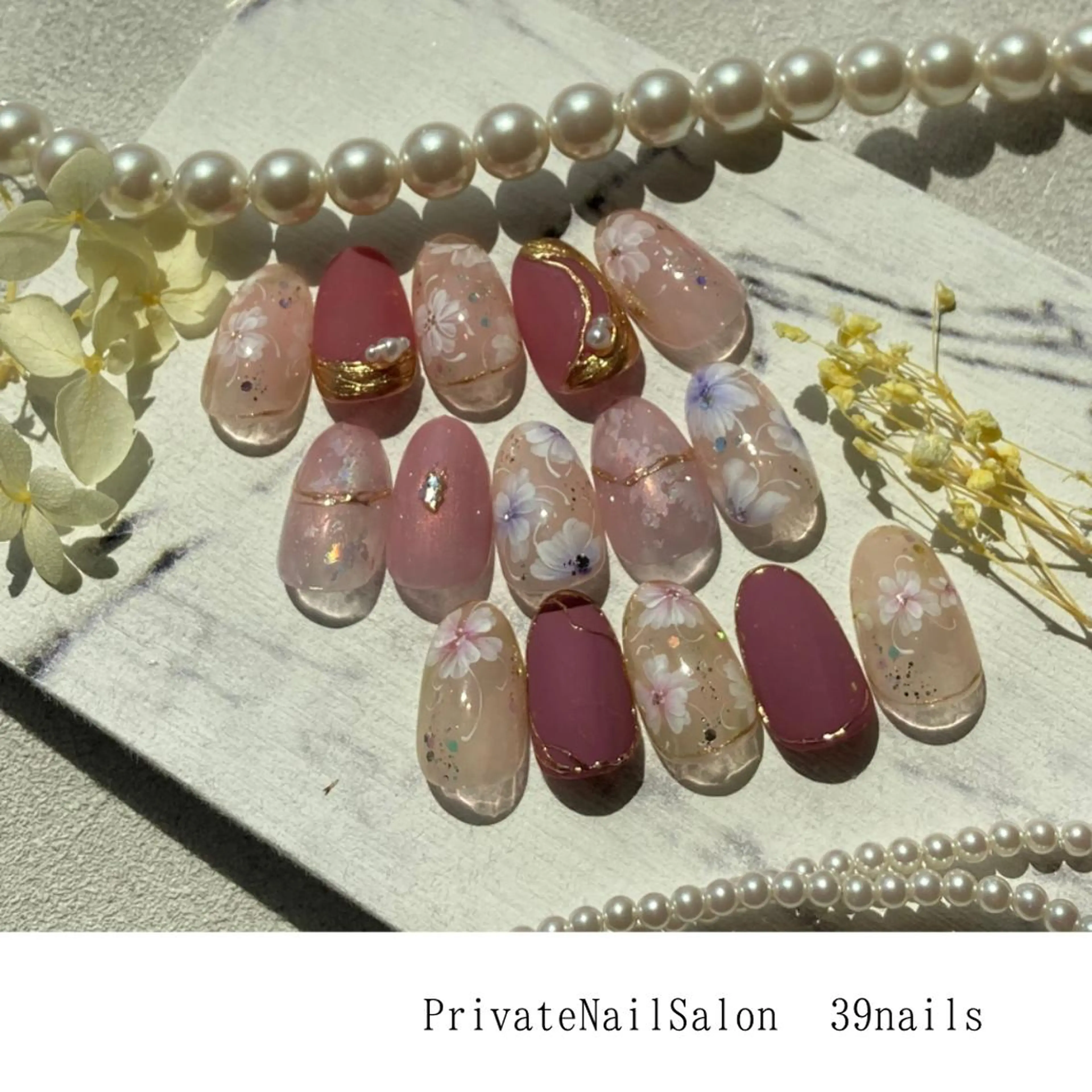 ネイル ボルドー フラワーネイル ニュアンスネイル オフィスネイル ピンク 39-nails EharaMikuのネイルデザイン