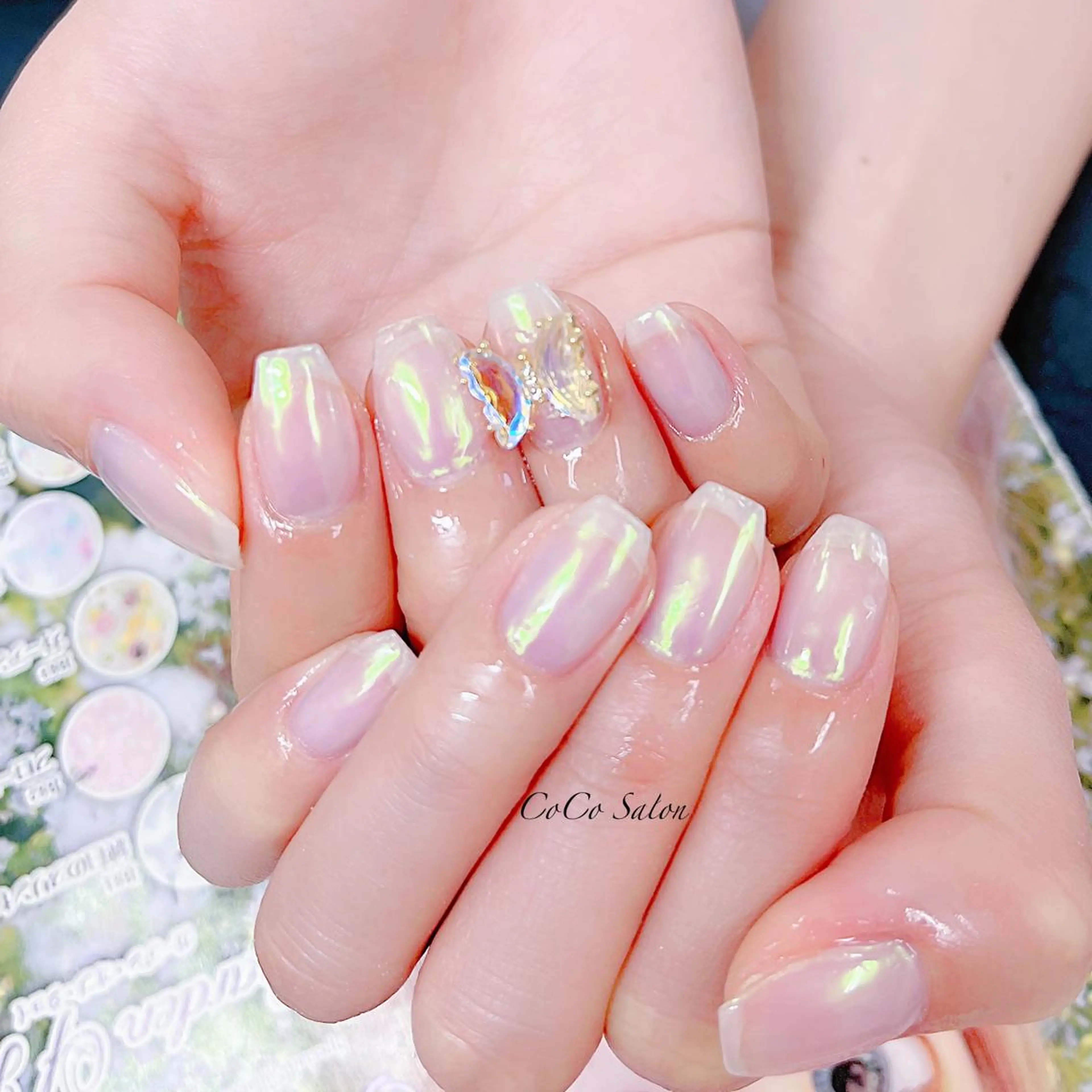 ネイル オーロラネイル 長さ出し ジェルネイル キラキラネイル 韓国ネイル ハンドネイル CoCoSalon ネイル/まつ毛予約のネイルデザイン