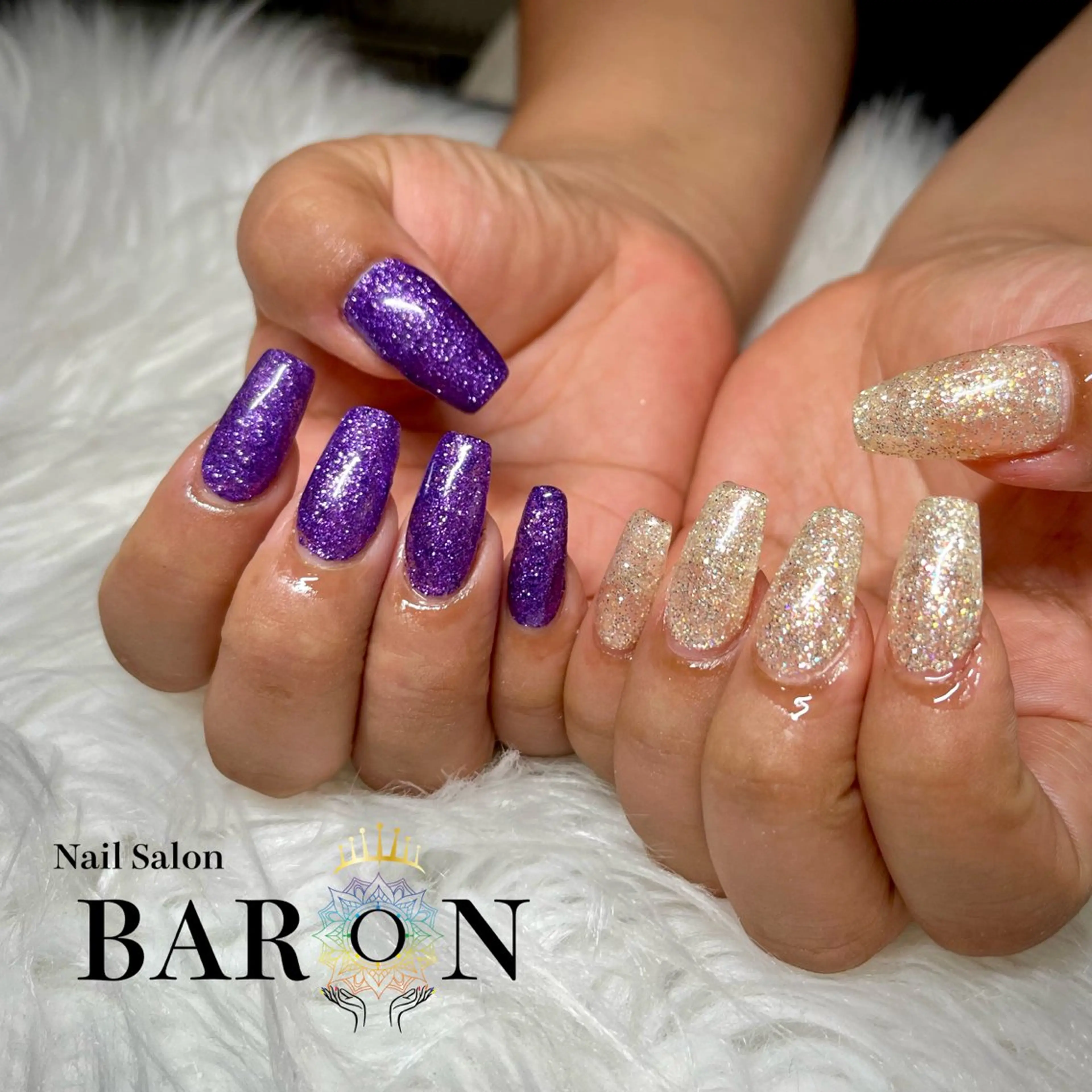 ネイル ラメ(グリッター) パープル ホワイト ハンドネイル ☆SAKI☆ BARON 店長のネイルデザイン