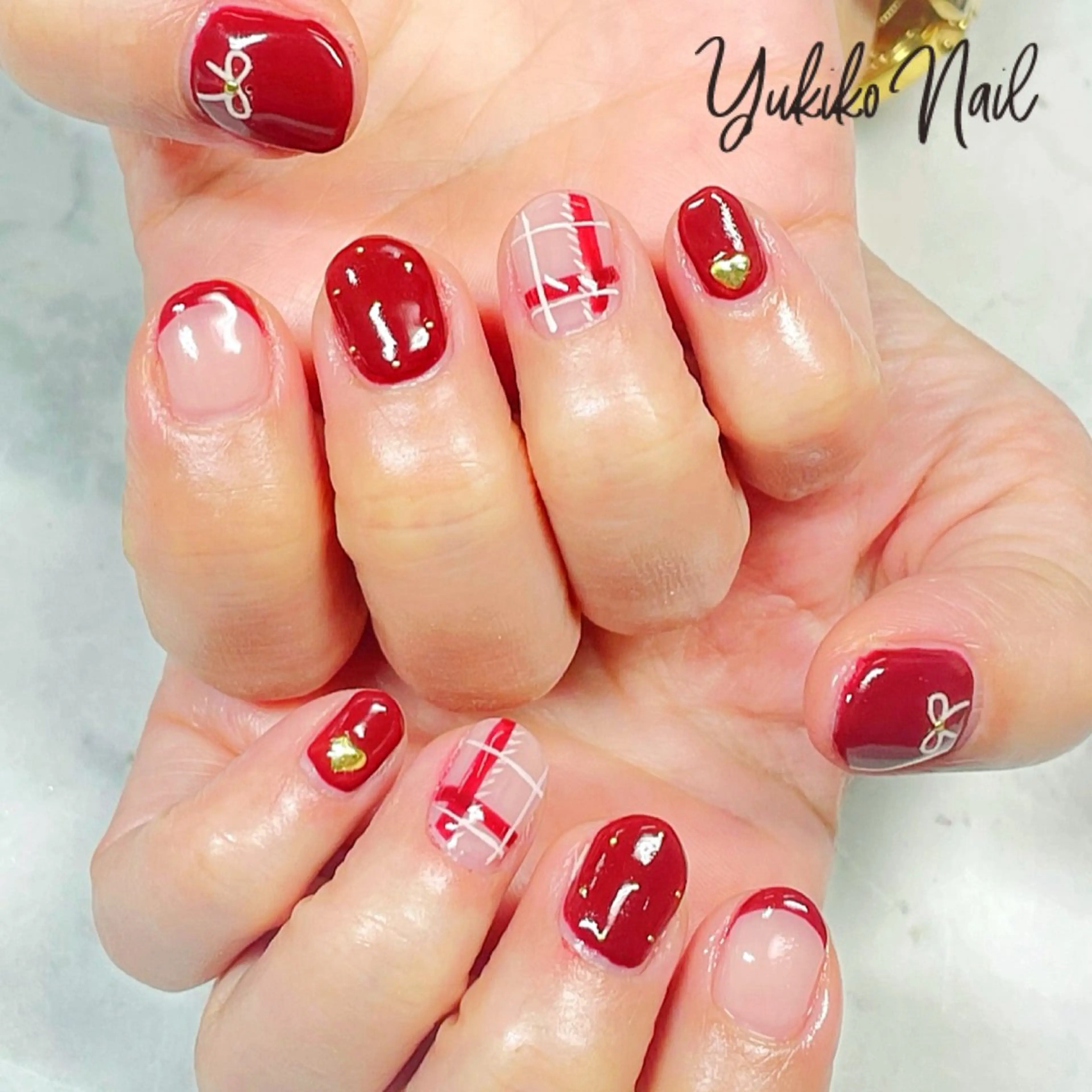 ネイル ボルドー ドット フレンチネイル ガーリー ハート ハンドネイル ユキコ ネイルのネイルデザイン