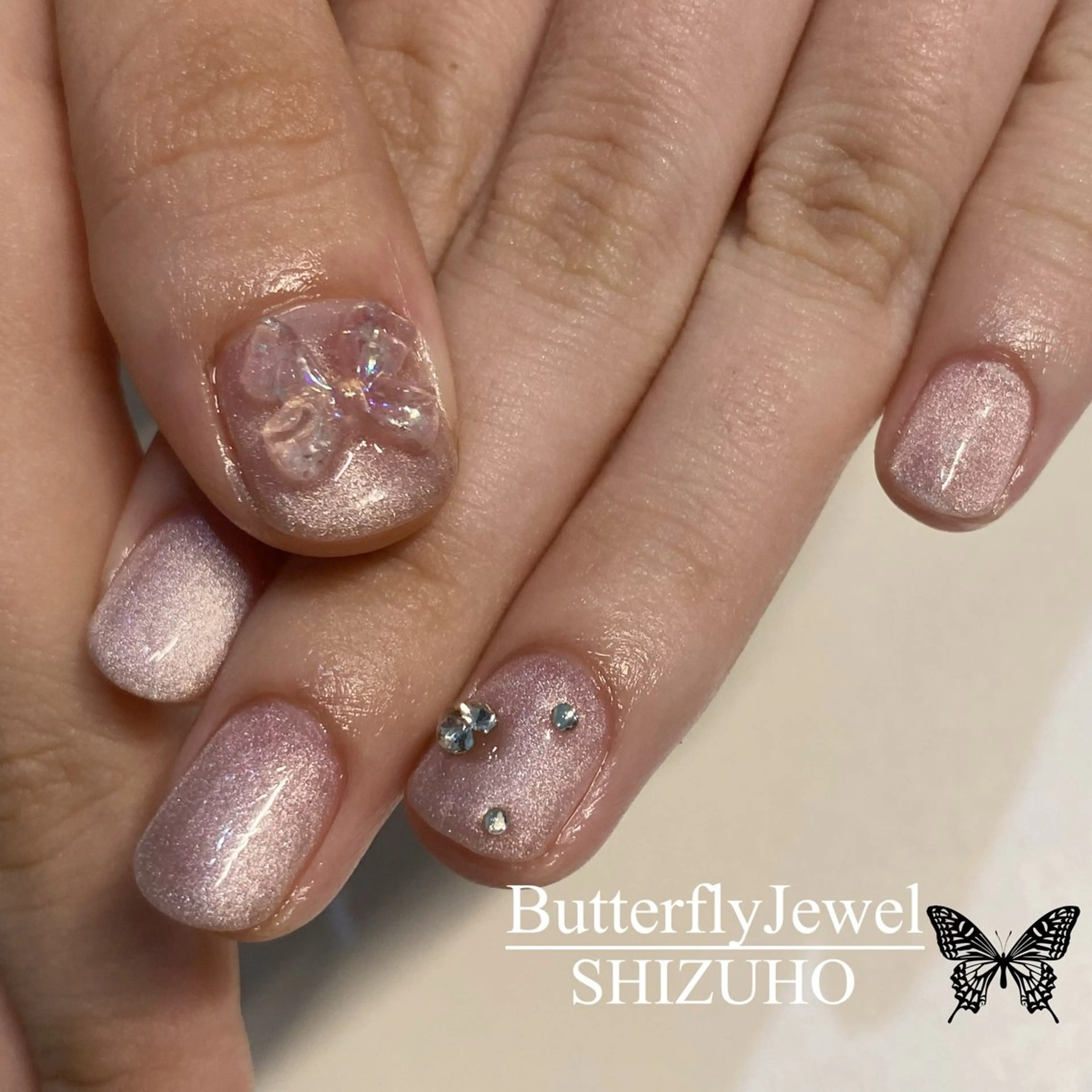 ネイル ピンク リボン ハンドネイル Butterfly Jewel本店 石原のネイルデザイン