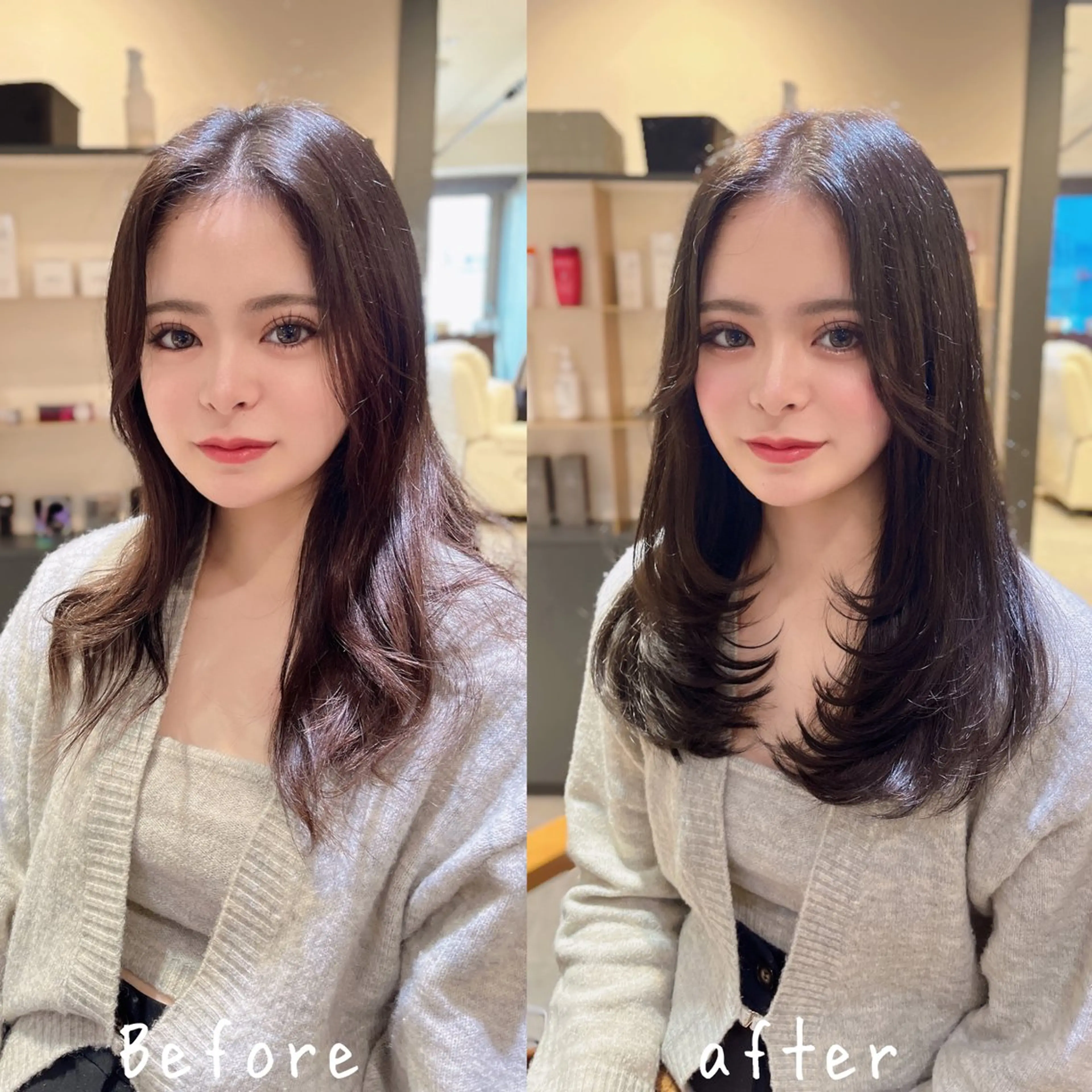 セミロング カラー レイヤーカット ワンホンレイヤー カット 奥田 蓮のヘアスタイル