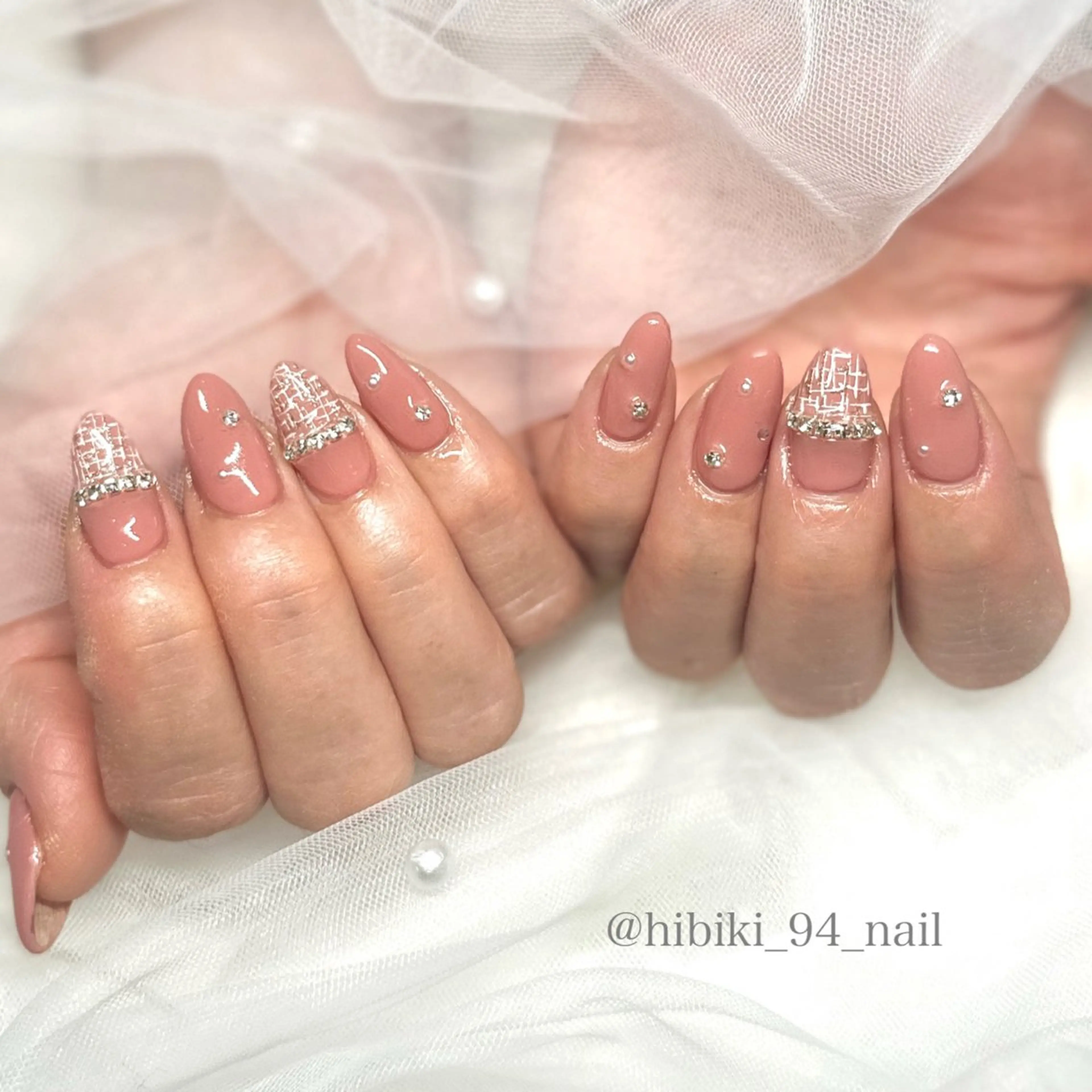 ネイル キラキラネイル 韓国ネイル ピンク スカルプネイル ツイードネイル ハンドネイル L'oeillet所属・L'oeillet HIBIKIのネイルデザイン