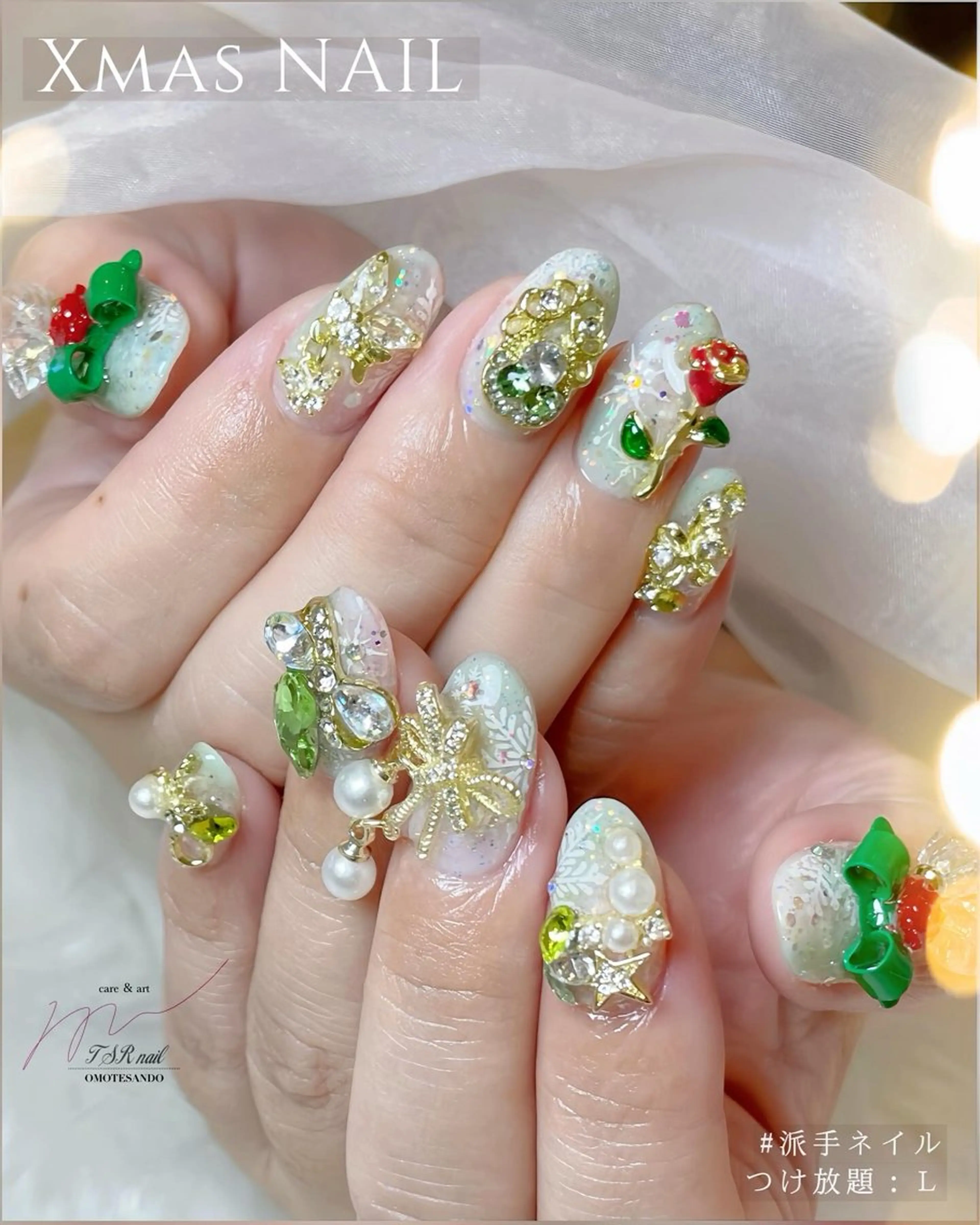 ネイル 長さ出し グリーン 冬ネイル ハンドネイル ハンドケア 爪咲 りり花のネイルデザイン