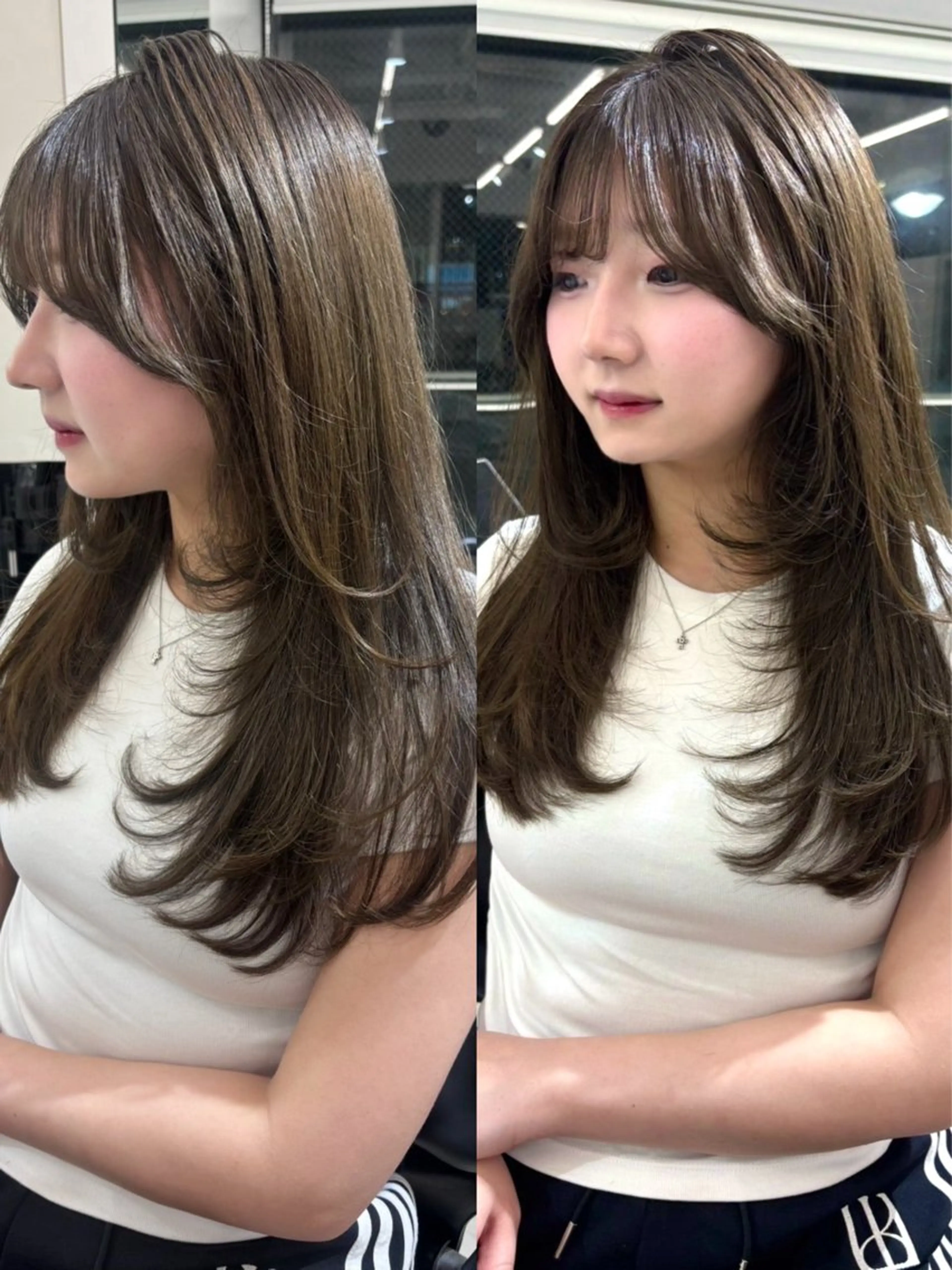 セミロング カラー グレージュ オリーブグレージュ オリーブグレー ハイレイヤー 韓国風ヘア カット ヘアカラー 大人韓国ヘア 渋谷/Satsukiのヘアスタイル