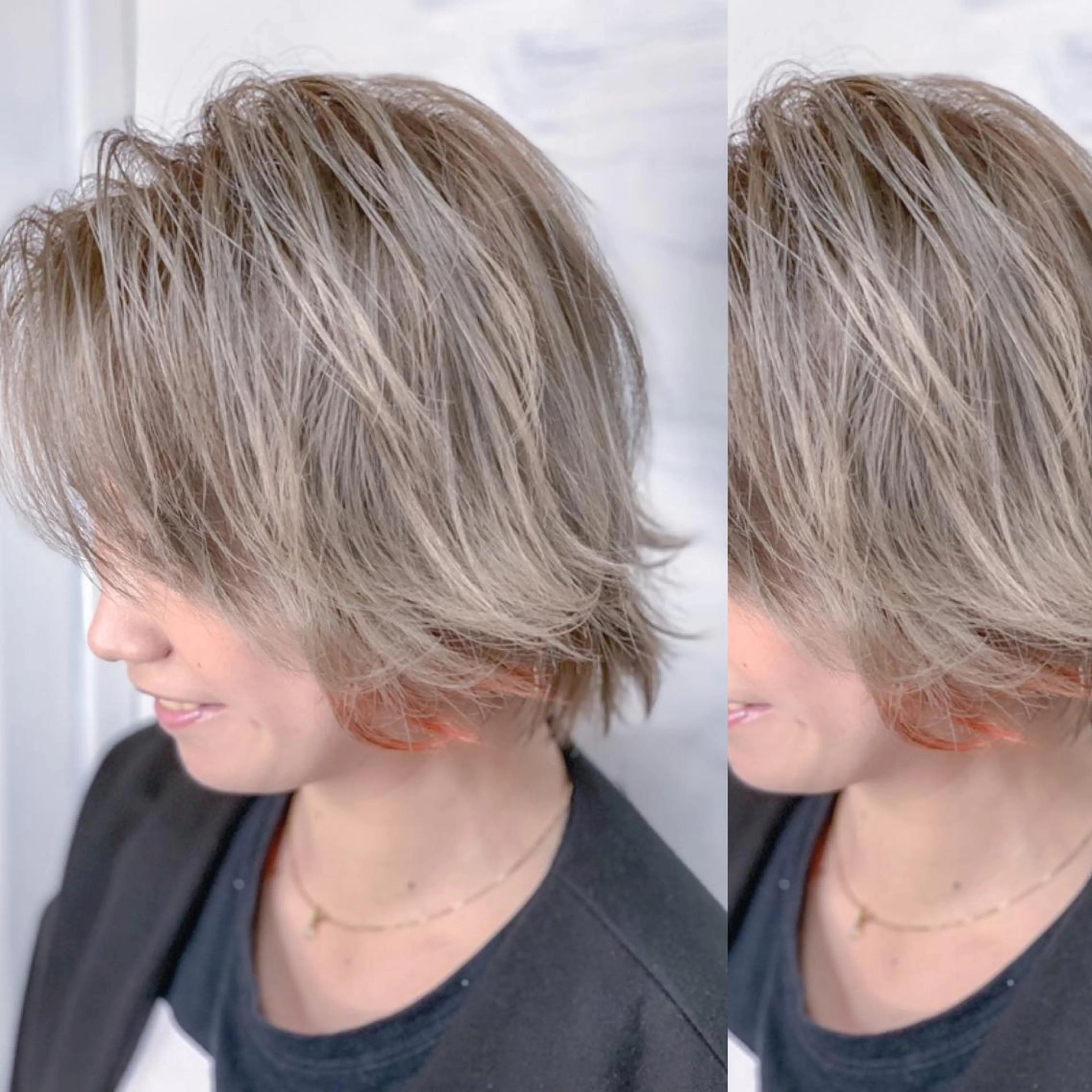 ショート カラー ベージュカラー ブリーチ 透明感カラー インナーカラー オレンジ カット ヘアカラー BOX mico.のヘアスタイル