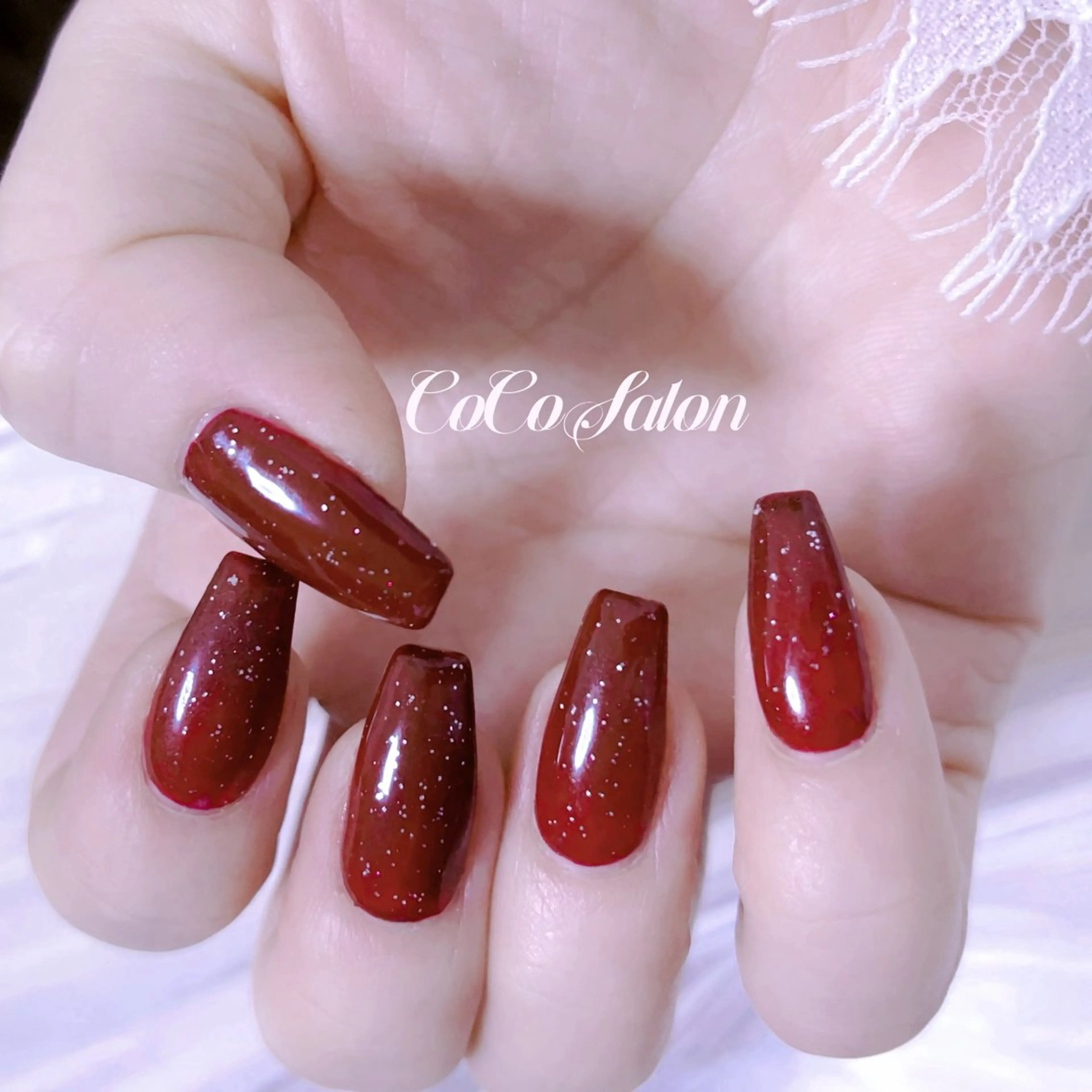 ネイル ボルドー 長さ出し ラメ(グリッター) ワンカラーネイル スカルプネイル ハンドネイル CoCoSalon ネイル/まつ毛予約のネイルデザイン