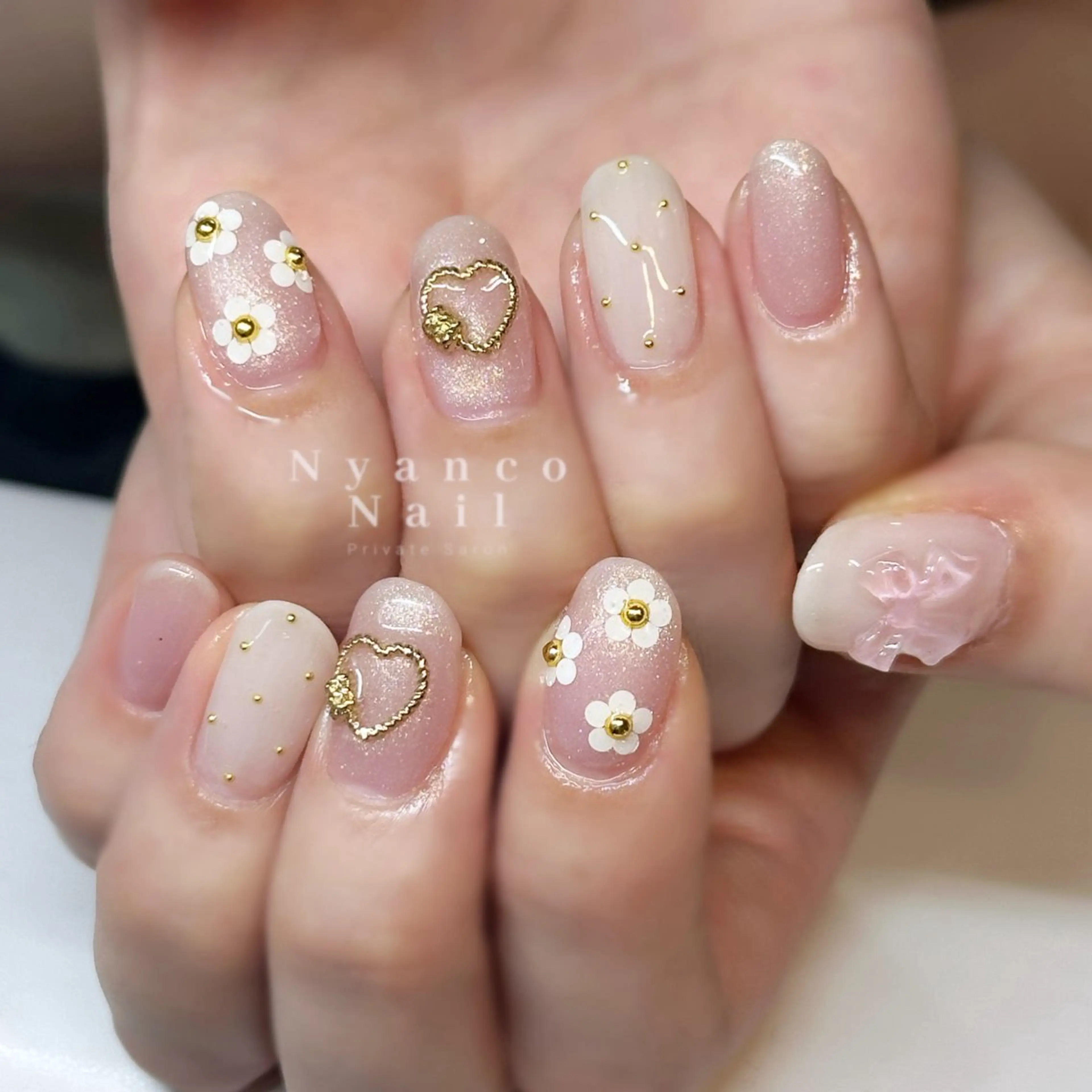 ネイル フラワーネイル ジェルネイル ハート ピンク リボン Nyanco Nailのネイルデザイン