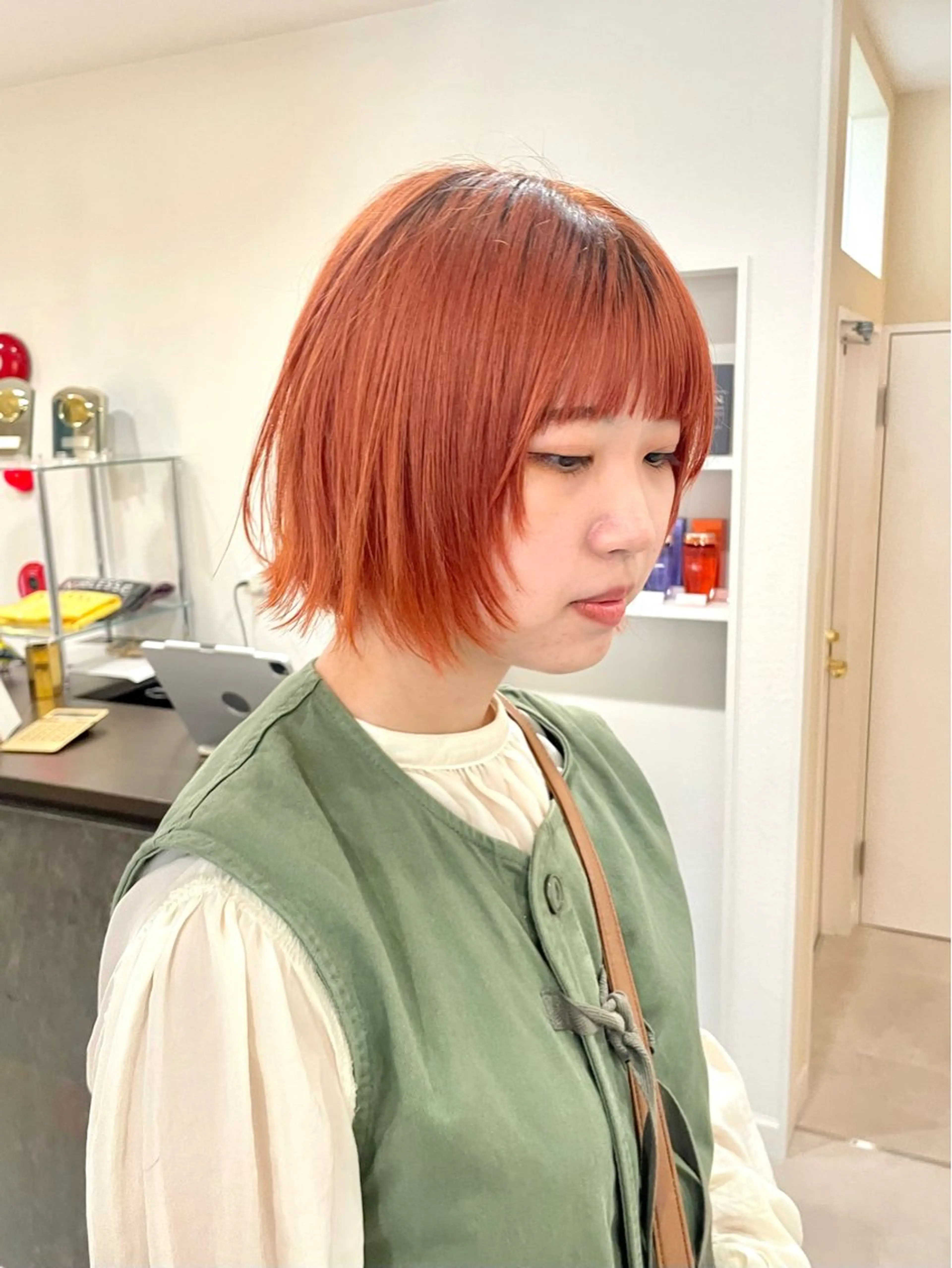 ミディアム カラー ボブレイヤー オレンジ ボブ レイヤーカット ウルフカット カット ヘアカラー トリートメント ハイトーン/レイヤー /ウルフ⭐️永田⭐️のヘアスタイル