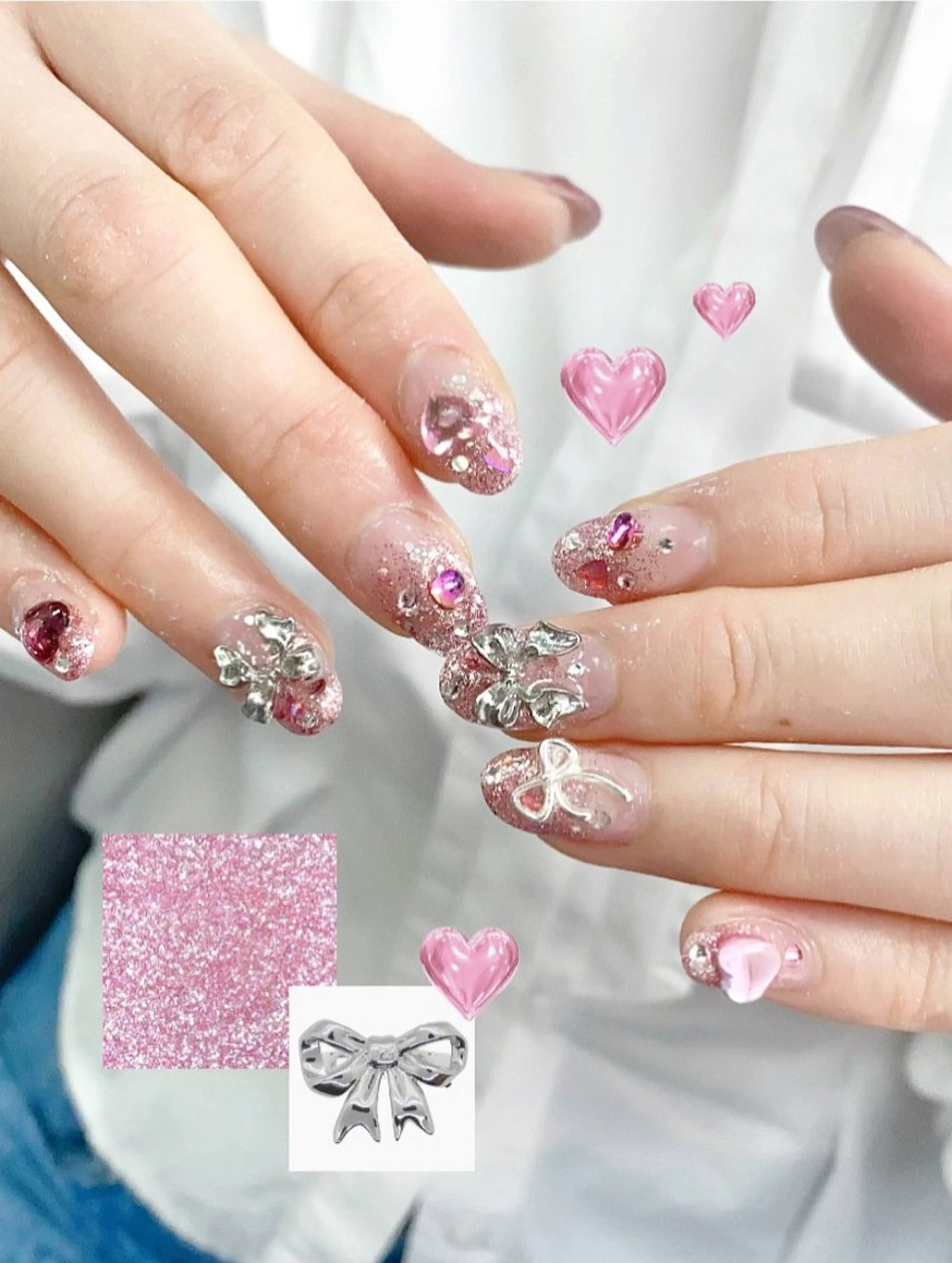 ネイル アートネイル ハート 持ち込み ピンク リボン ハンドネイル フットネイル hair＆nailsalon nini所属・中家 亜紗子のネイルデザイン