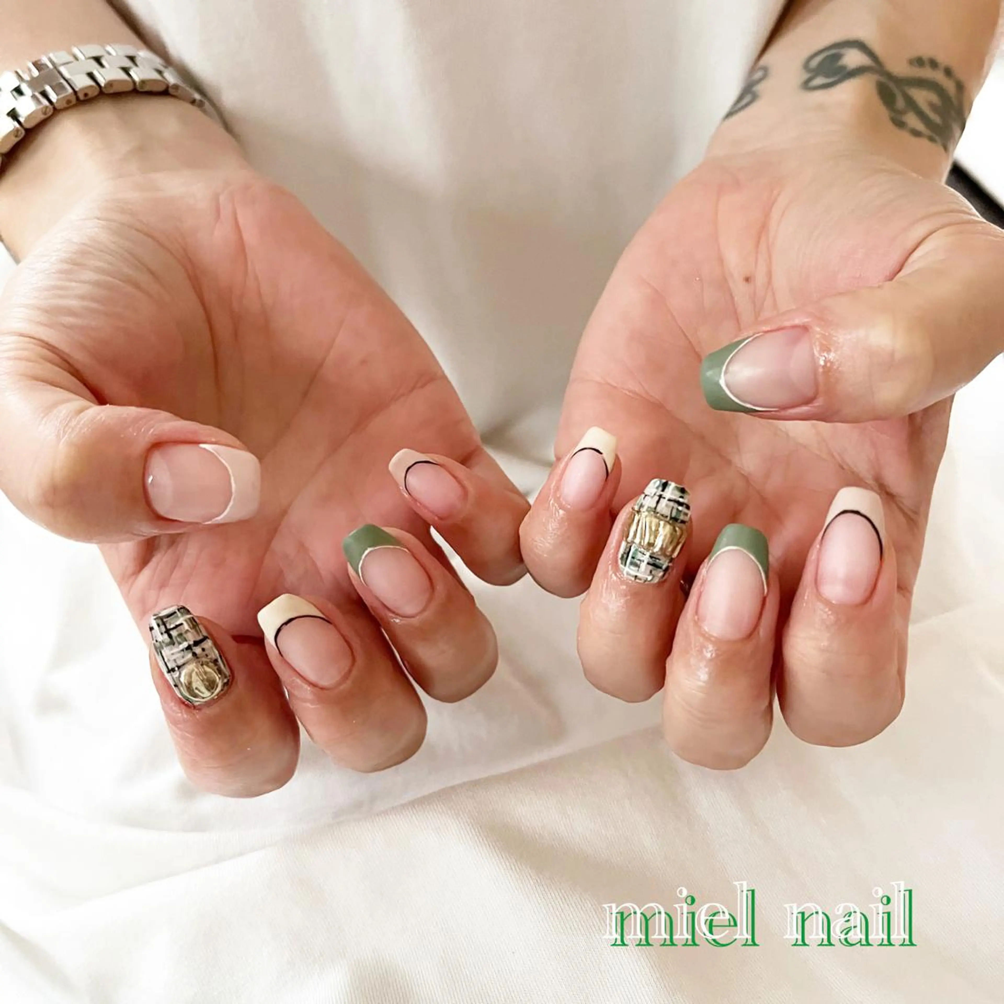 ネイル フレンチネイル マットネイル スクエアネイル ツイードネイル ハンドネイル miel nailのネイルデザイン