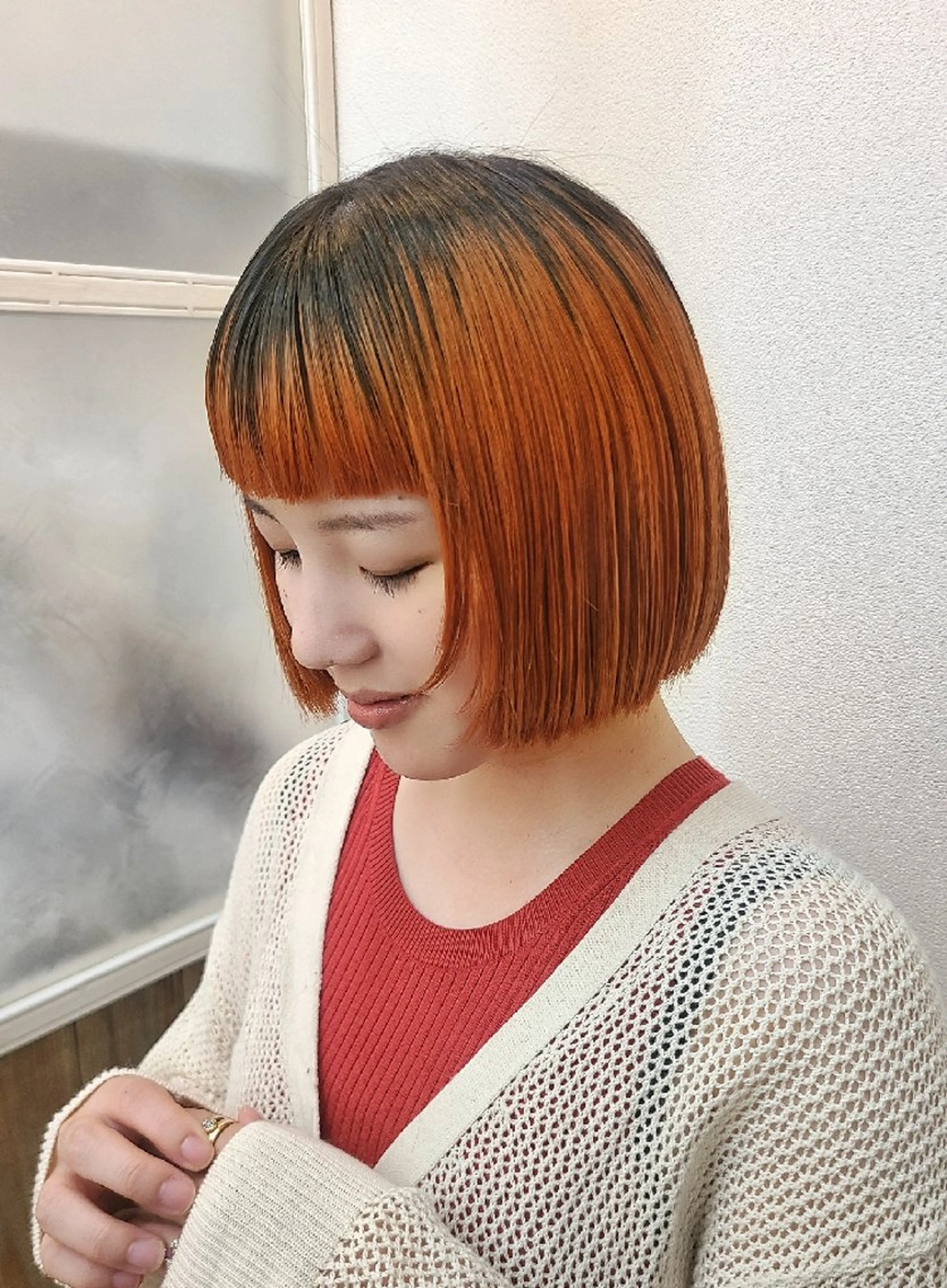 ミディアム カラー ブリーチ ハイトーンカラー オレンジ ボブ yolo.所属・夜特化型ヘアサロン 𓃱yolo.タナベのヘアスタイル