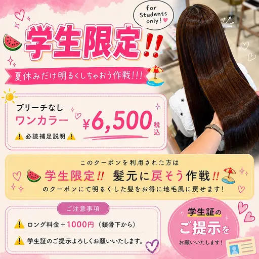 【🍉学生限定‼️夏休みだけ明るくしちゃおう作戦！！！🏖】 ブリーチなしワンカラー⚠️必読補足説明⚠️