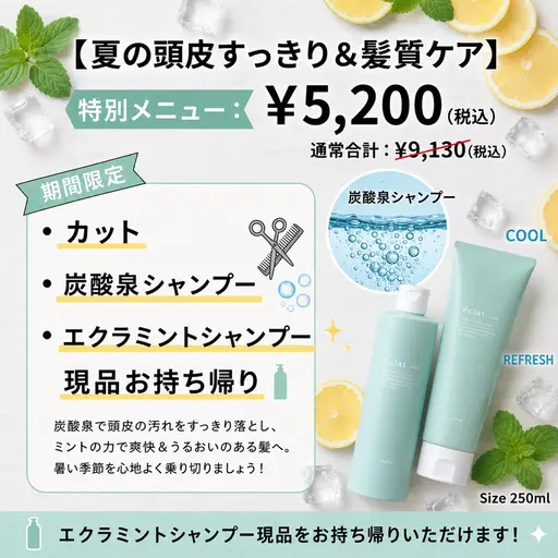 【夏にピッタリ☀️清涼感◎頭皮ケア◎】サマーシャンプー現品プレゼント🎁+カット✂️+炭酸泉シャンプー🫧
