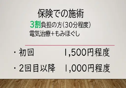 保険施術の方!初診は1500円程度となります