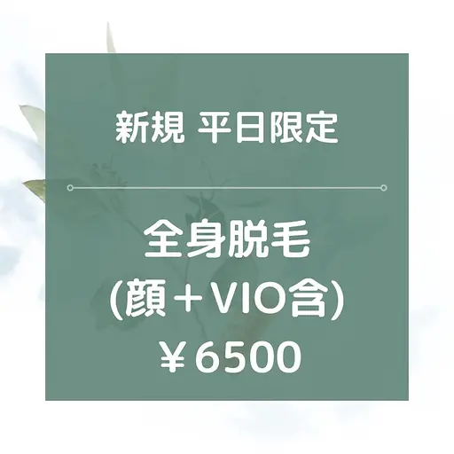 平日限定【新規】★☆全身脱毛(全顔+VIO含)/¥6500☆★90分