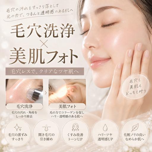 【毛穴洗浄と毛穴引き締め＆水光肌が叶う✨】フォト美顔＋毛穴洗浄or生プラズマ★透明感UP肌管理フェイシャル8,900円