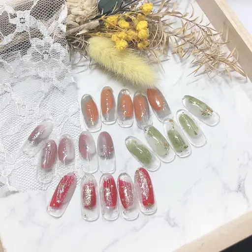 ソフトジェルオフ込み♡ニュアンスネイル/2色+ホイル+艶々長持ちノンワイプコート/フィルイン対応