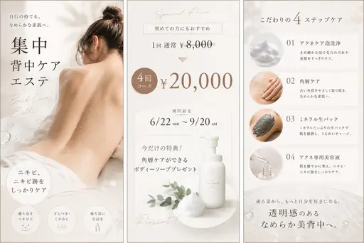 肌を見せる時期到来♪4回集中背中ケアコース＊期間限定角層ケアボディーソープ付き＊花嫁さんにも/背中ニキビケア