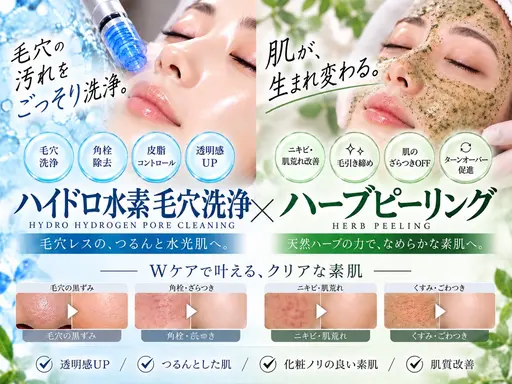 【頑固な毛穴詰まり・角栓・皮脂に◎】ハイドロ水素毛穴洗浄+天然酵素ハーブピーリング+選べる美容液マスク