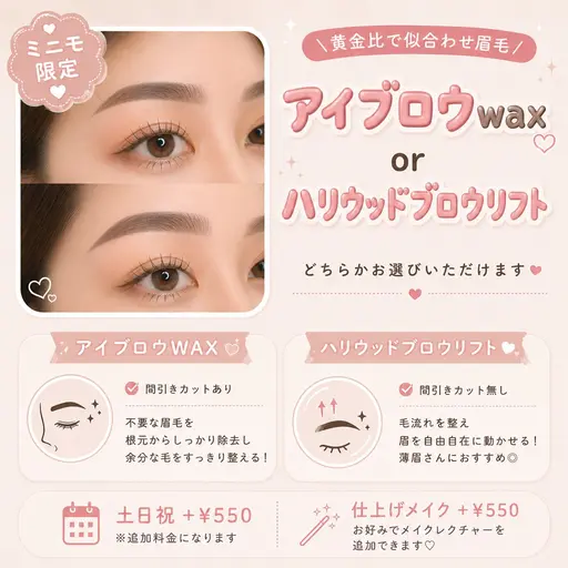 《女性限定》アイブロウWAX(カット間引き施術有)orハリウッドブロウリフト/メイク+¥550リピ込み/土日祝+¥550