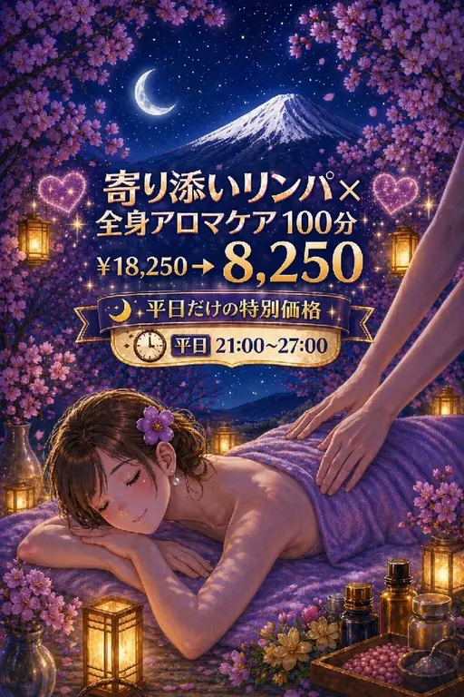 【🌃平日夜21～27限定🌃】💖寄り添いリンパ × 全身アロマケア💖100分￥18,250→￥8,250