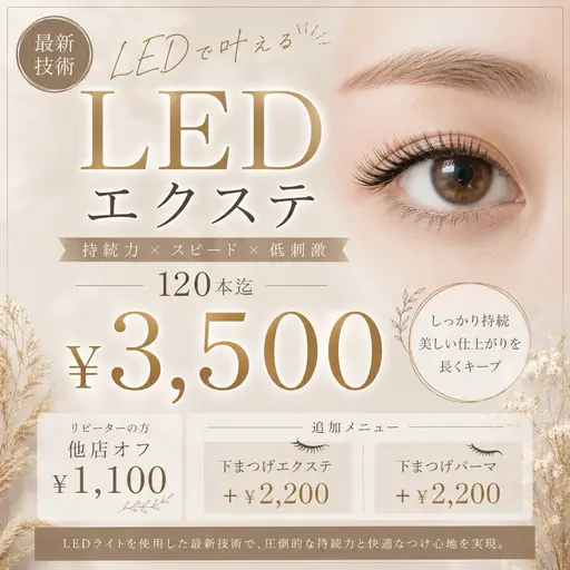 【人気No1】LEDエクステ60分(上限120本オフ込の時間) +¥2200（50分）で下エクか下まつげパーマ追加可