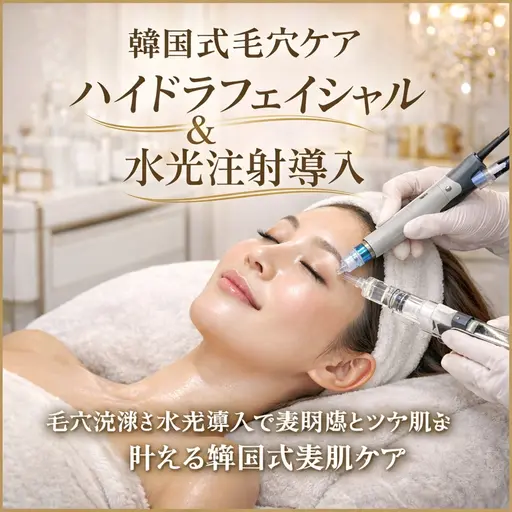 マイナス１０歳肌へ💎毛穴洗浄と水光肌施術で透明感とツヤ肌を叶える韓国式美肌ケア　無針のエアジェットでヒアルロン酸導入