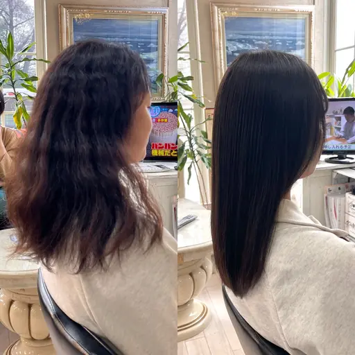【💫プレミアム髪質改善縮毛矯正💫】カット＋髪質改善縮毛矯正＋艶カラー＋AJ4ステップTR付き／ダメージ毛もお任せ‼️