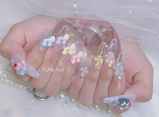 【オフ込み】 長さだし10本デザイン自由✨パーツ&ストーンつけ放題.   ☘️🍄アート持ち込み🆗✨