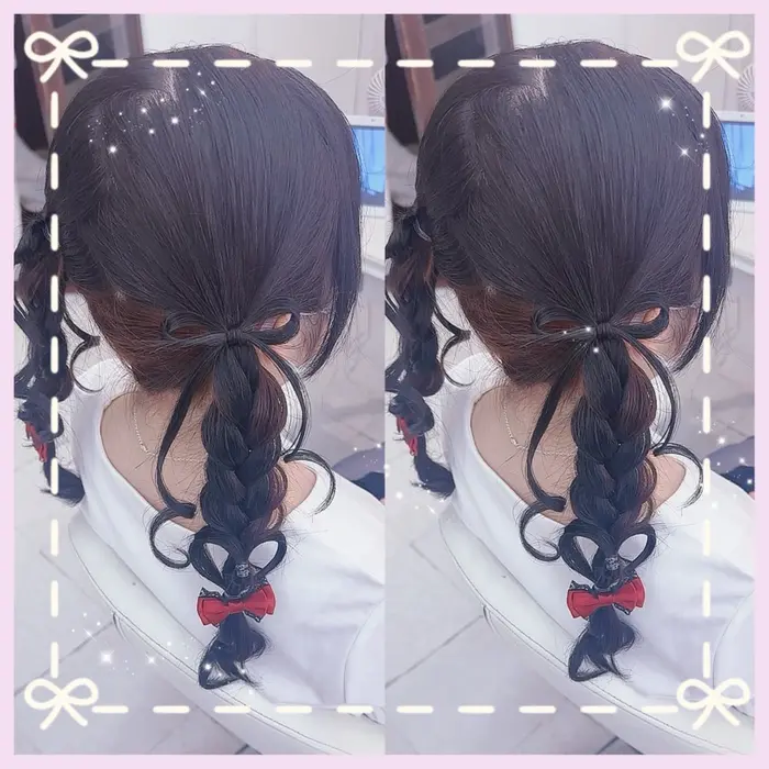 ツインリボンおさげ×ハートアレンジ｜エクステ♡ヘアメ 内村麻衣(CREA