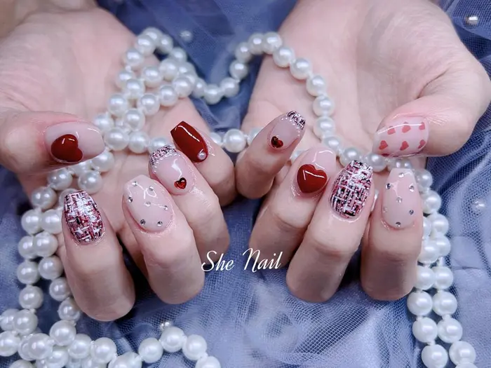 ツイードネイル #ハートネイル #持ち込みデザインネイル #チップ長さ