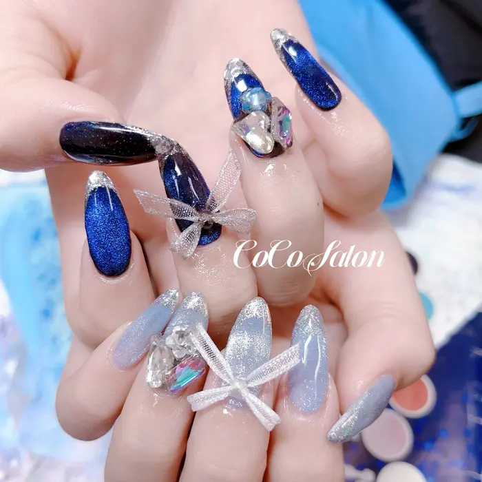 フレンチネイル #ガラスフレンチ #ネイビーネイル #水色ネイル