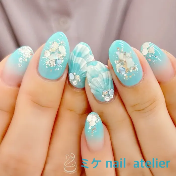 お客様ネイル マーメイドネイル ライトブルー×ホワイト×シルバー