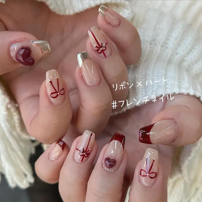 バレンタインネイル #リボンネイル #ハートネイル #フレンチネイル