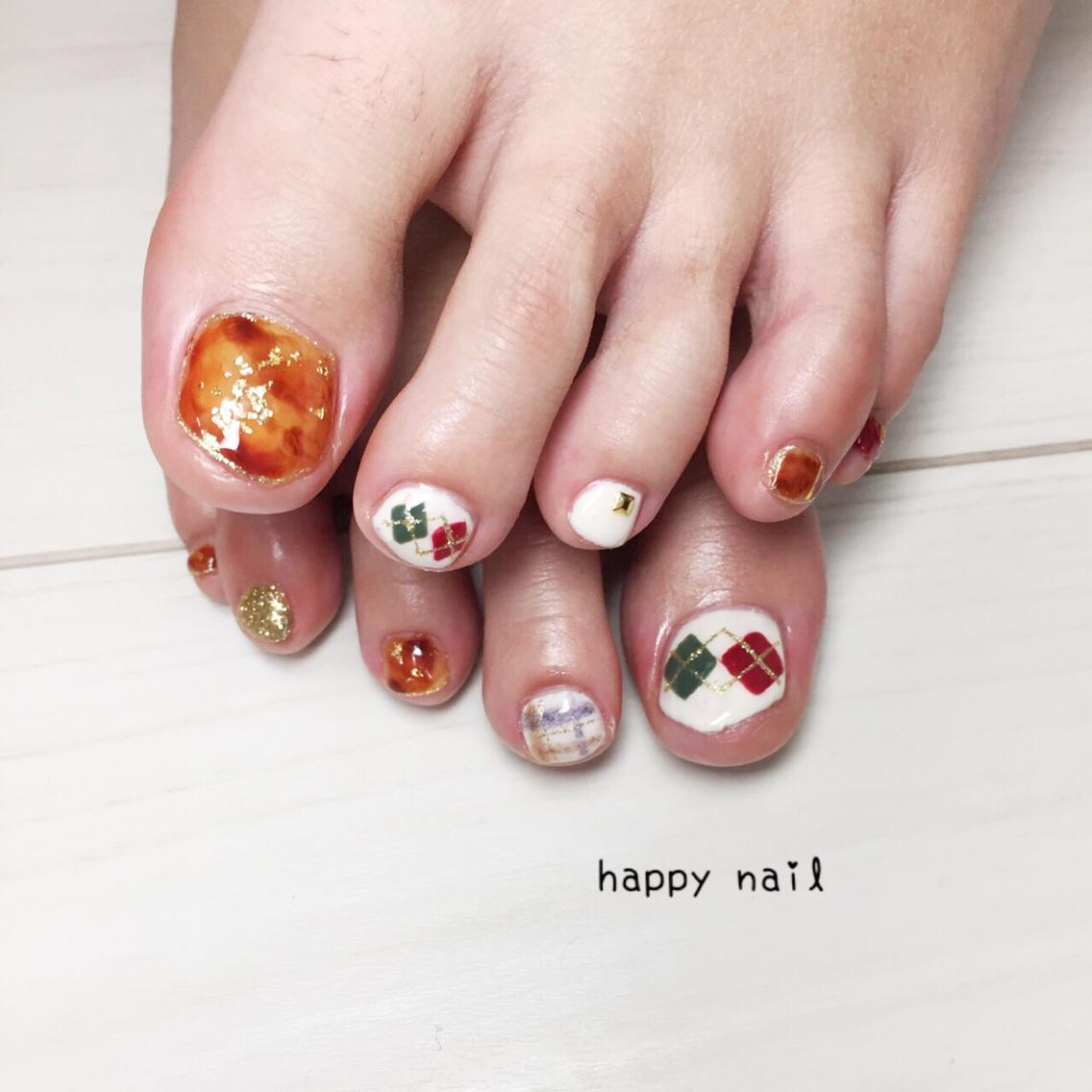 べっ甲ネイル アーガイルネイル ブランケットネイル ラメ埋め込み
