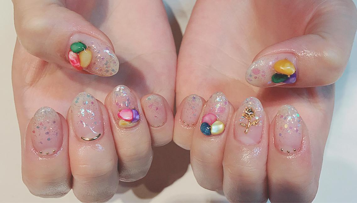夏ネイルラメグララメホロカラフルパーツ 薔薇パーツ