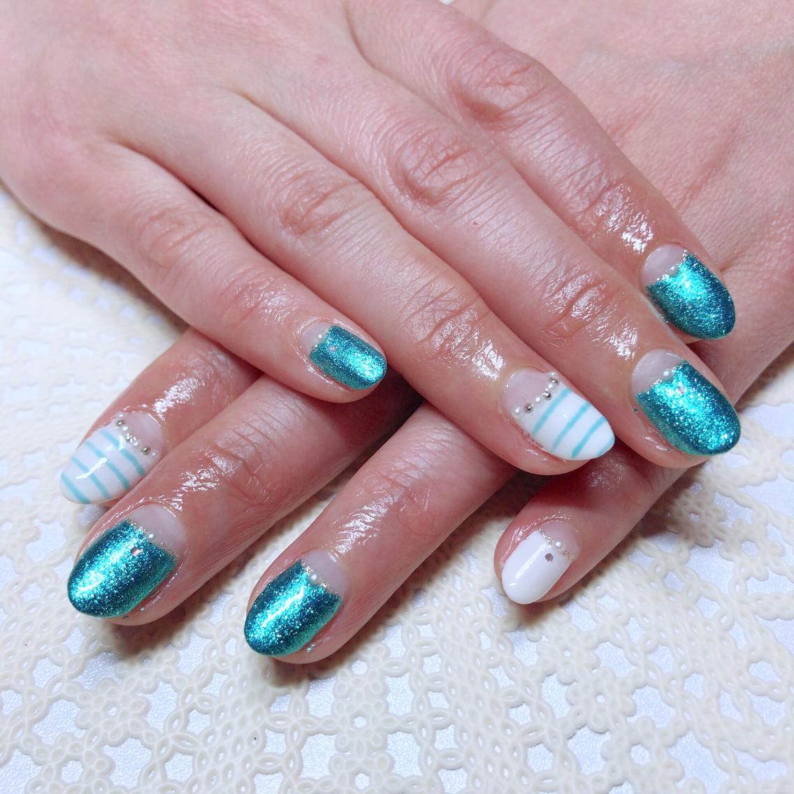 ネイル お客様ネイル♡ メタリックブルー×逆フレンチ^ ^