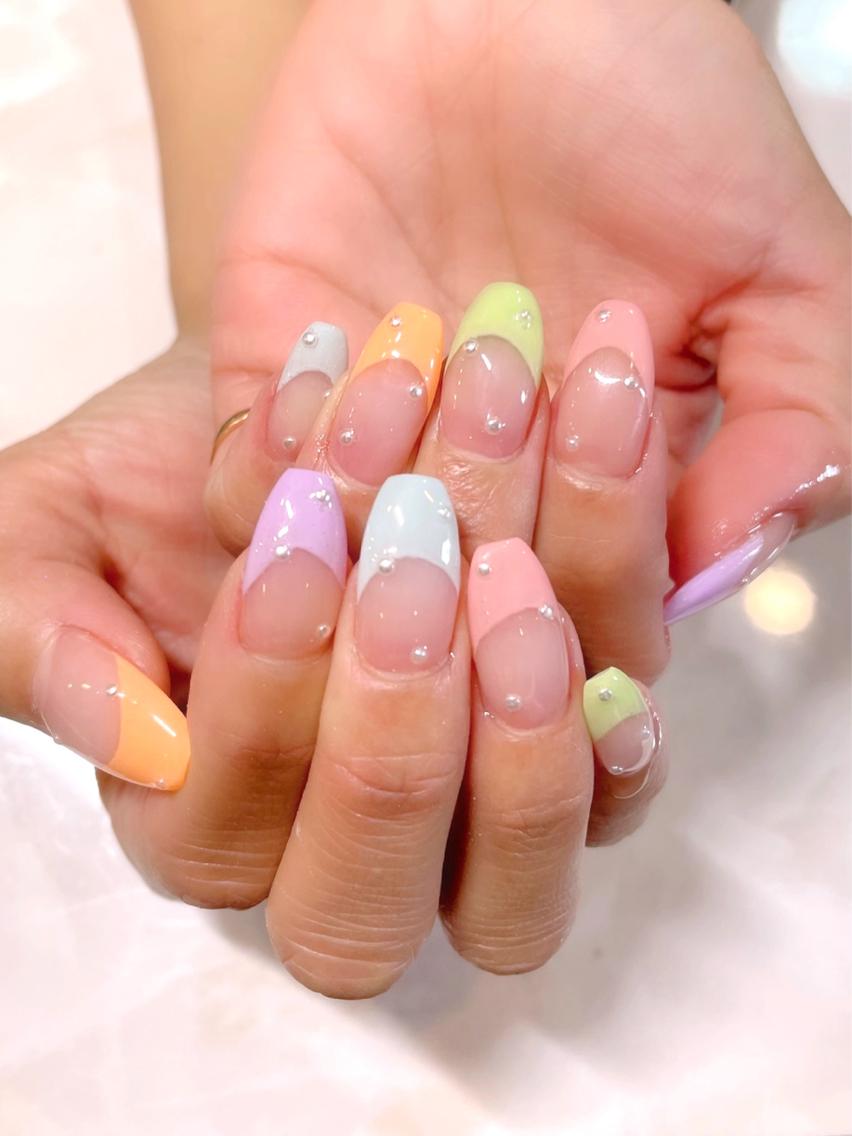 春ネイル★パステルカラフル★ミラーフレンチ 春ネイル💅パステルカラーがかわいい🤤😍🩷 #フレンチネイル