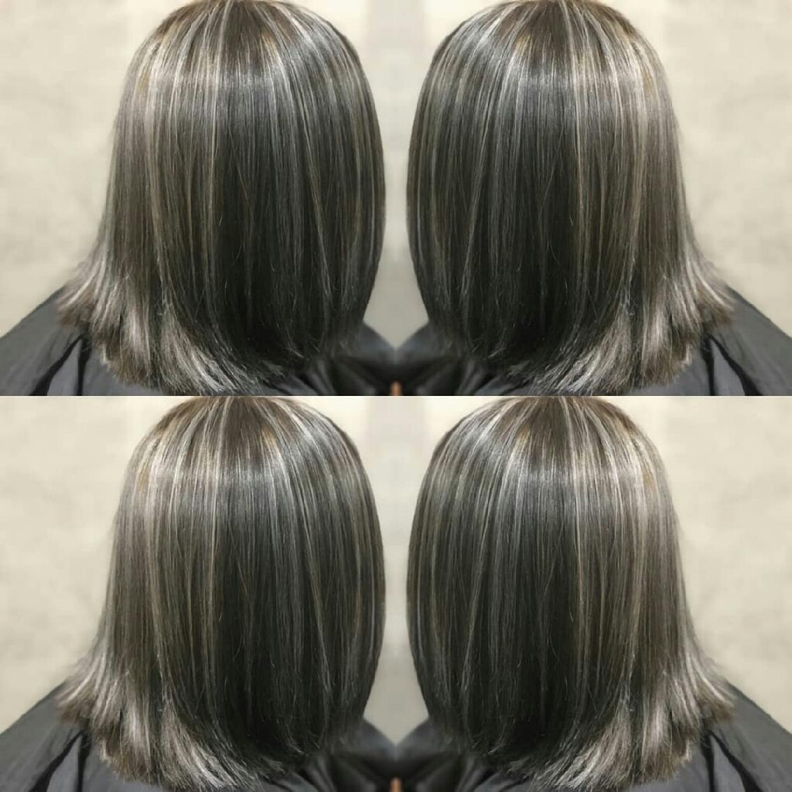 現代の髪型 上ミディアム グレージュ ハイ ライト カラー