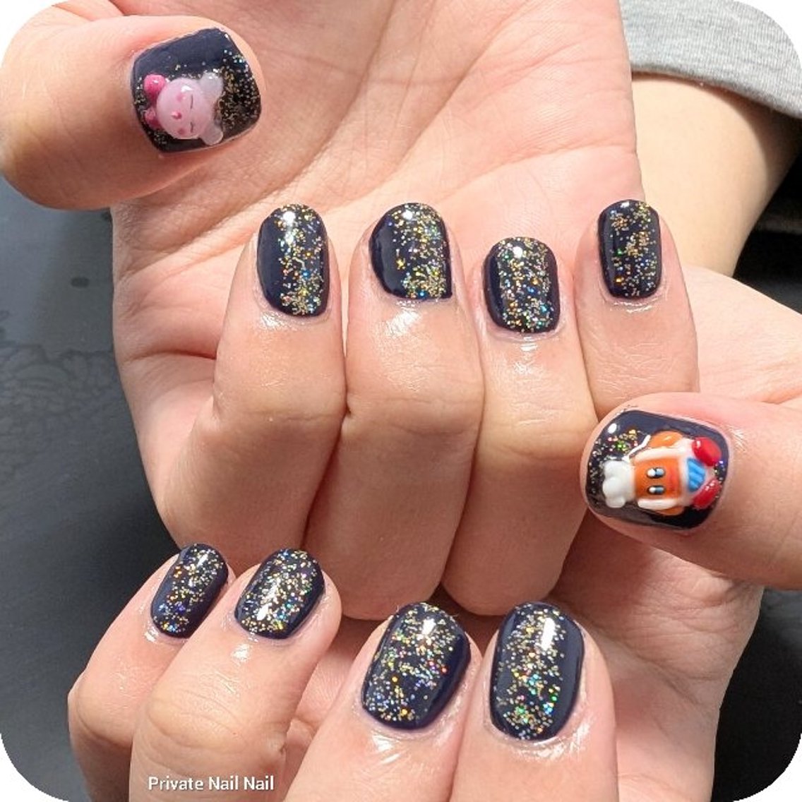 ワンカラーネイル #コックカワサキ3D #寝そべりカービィ3D｜ネイル