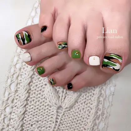 迷彩ネイル ありがとうございました 迷彩ネイル フットネイル カモフラネイル 三木市 三 Nail Salon Lenoa所属 Nailsalon Lenoaのネイルデザイン ミニモ