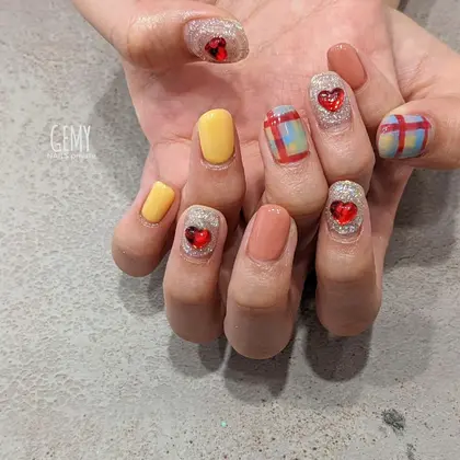 ハートネイル チェックネイル Gemynails Private所属 Gemynails Private のネイル デザイン ミニモ